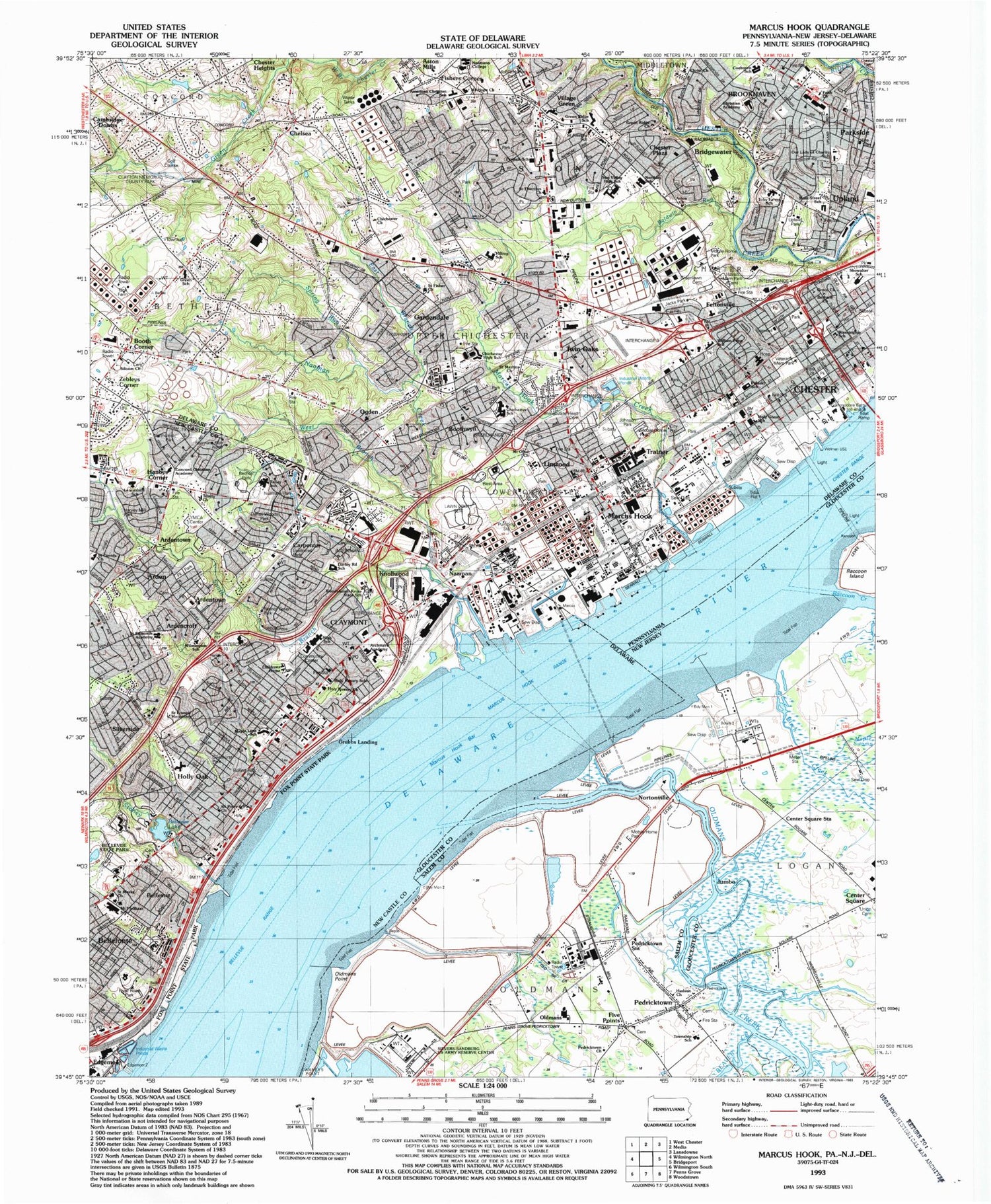 Classic USGS Marcus Hook Pennsylvania 7.5'x7.5' Topo Map Image