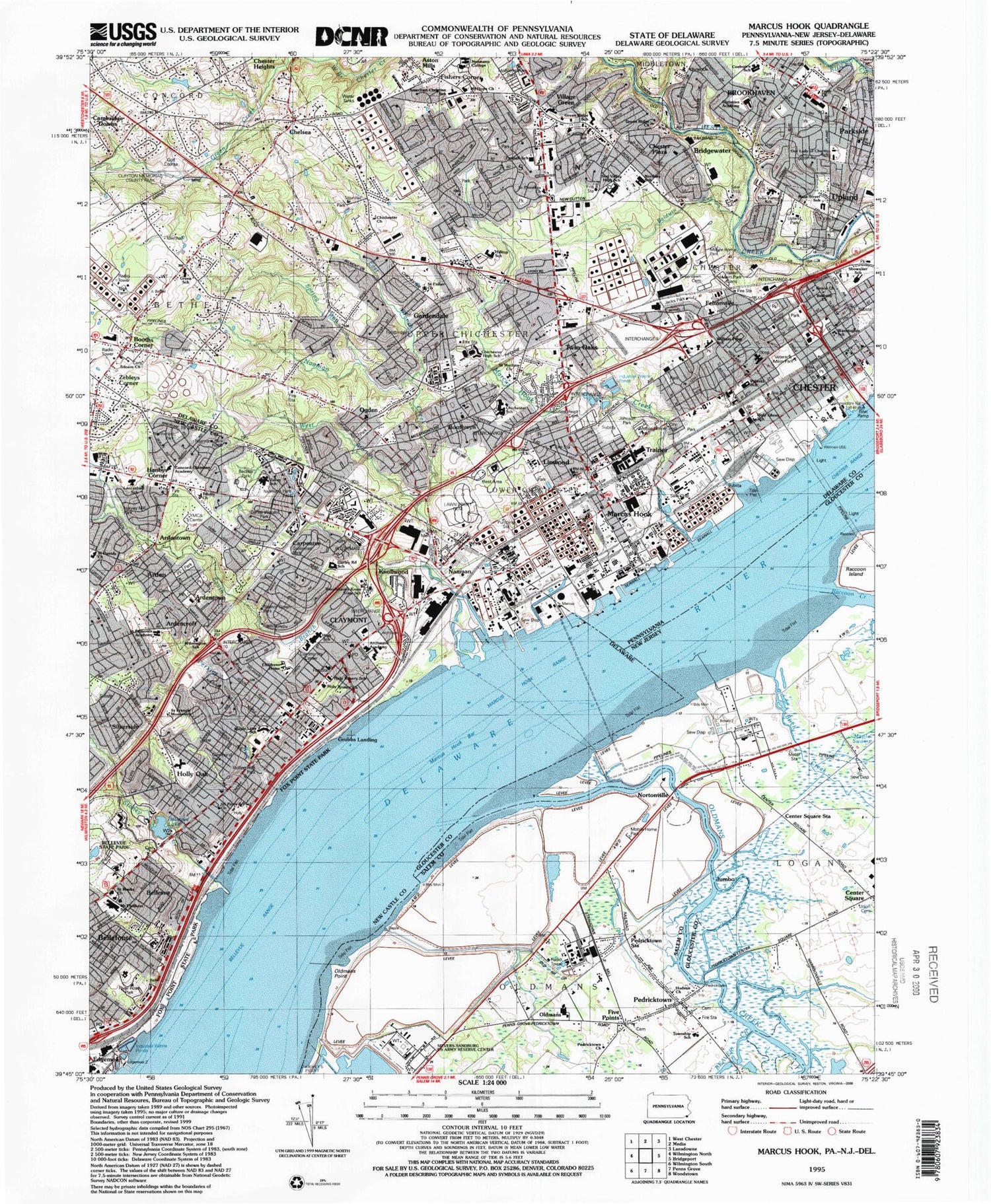 Classic USGS Marcus Hook Pennsylvania 7.5'x7.5' Topo Map Image