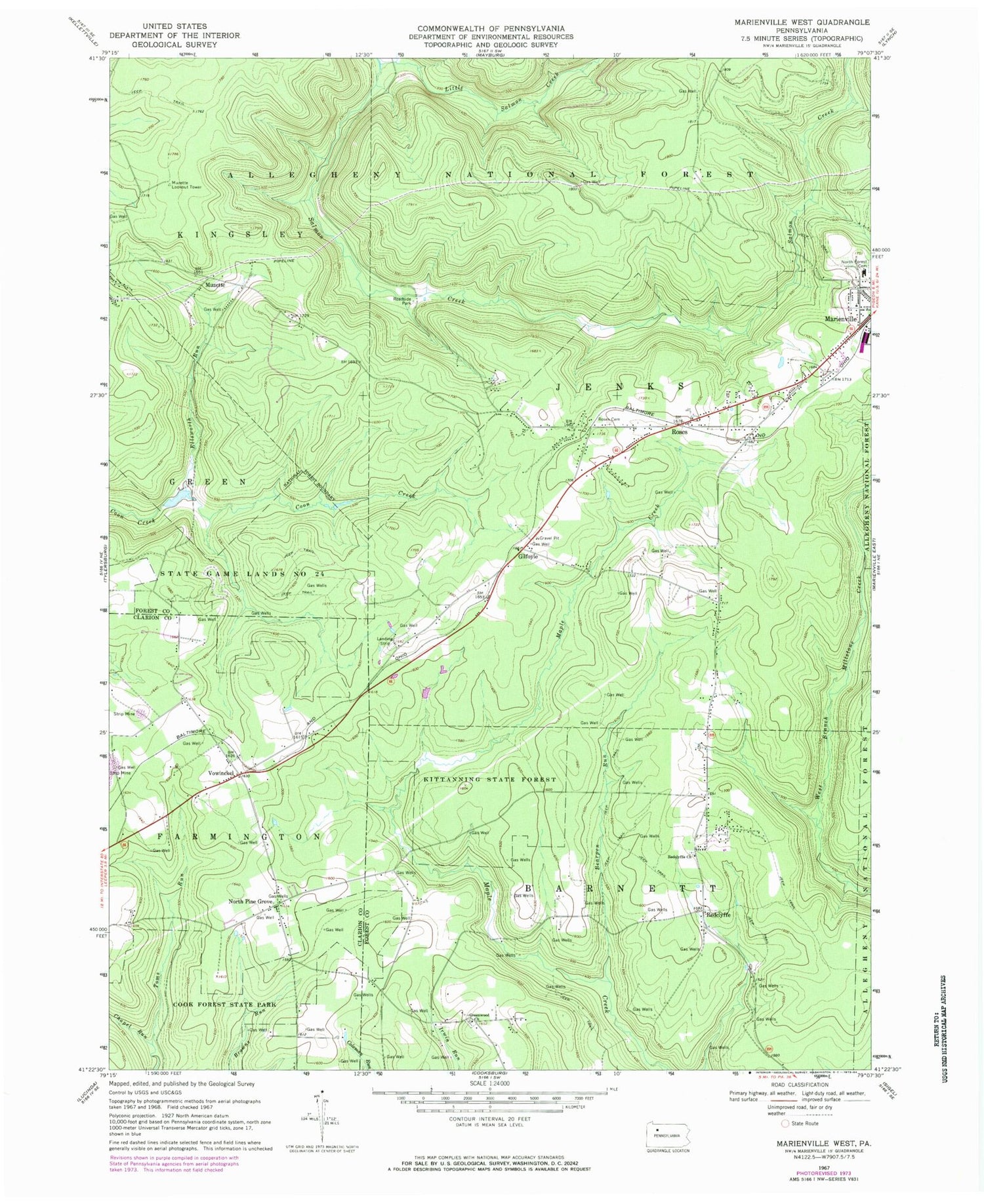 Classic USGS Marienville West Pennsylvania 7.5'x7.5' Topo Map Image