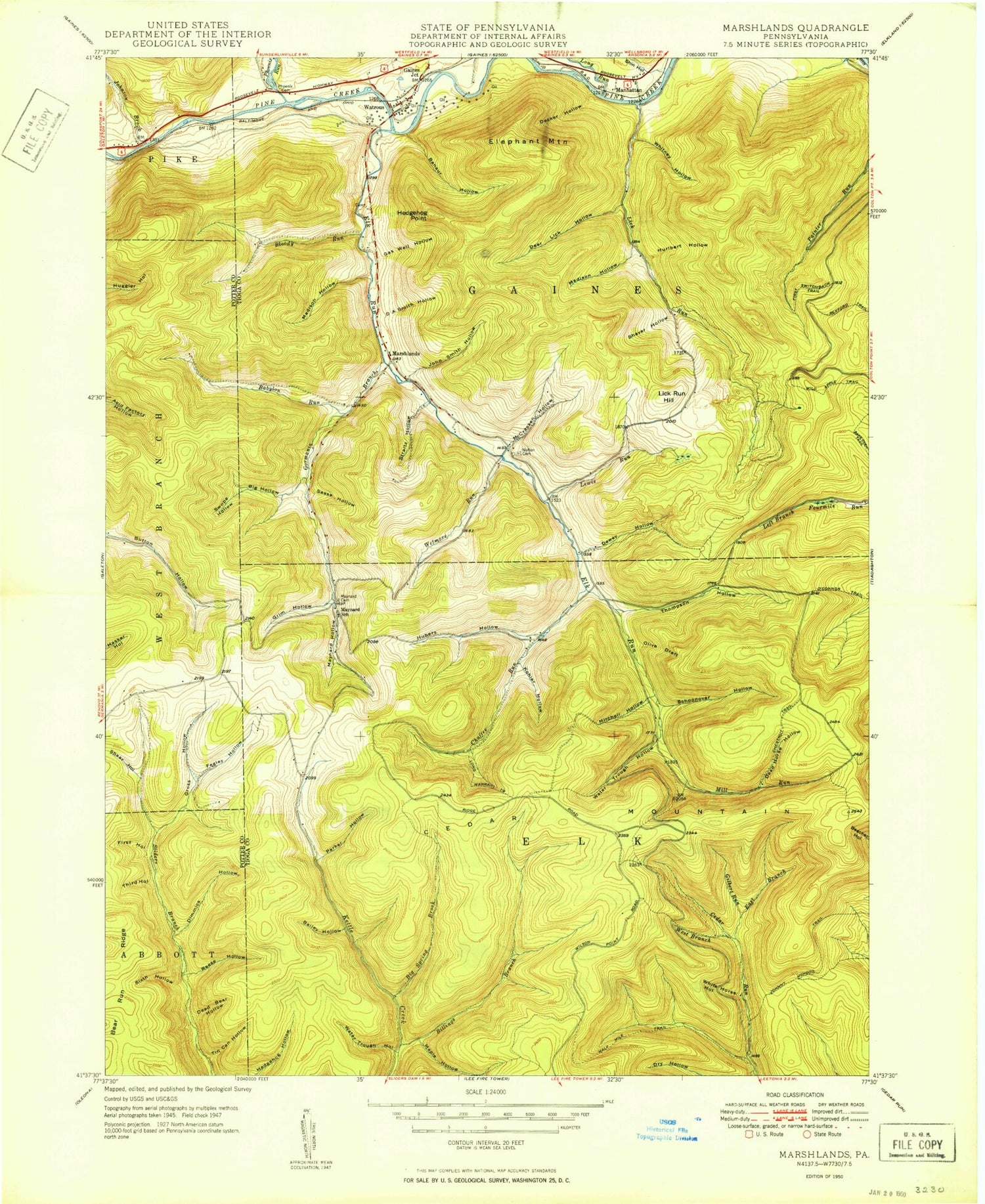 Classic USGS Marshlands Pennsylvania 7.5'x7.5' Topo Map Image