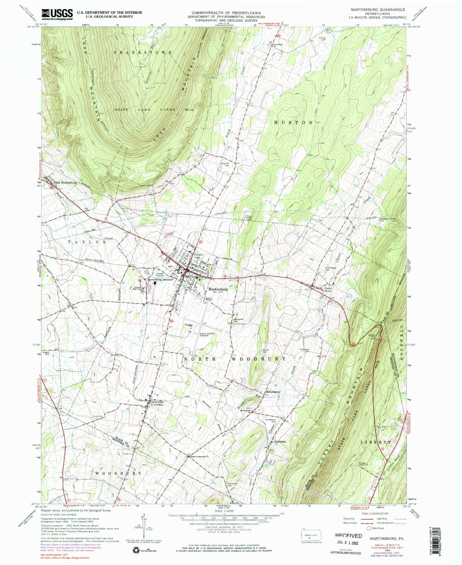 Classic USGS Martinsburg Pennsylvania 7.5'x7.5' Topo Map Image
