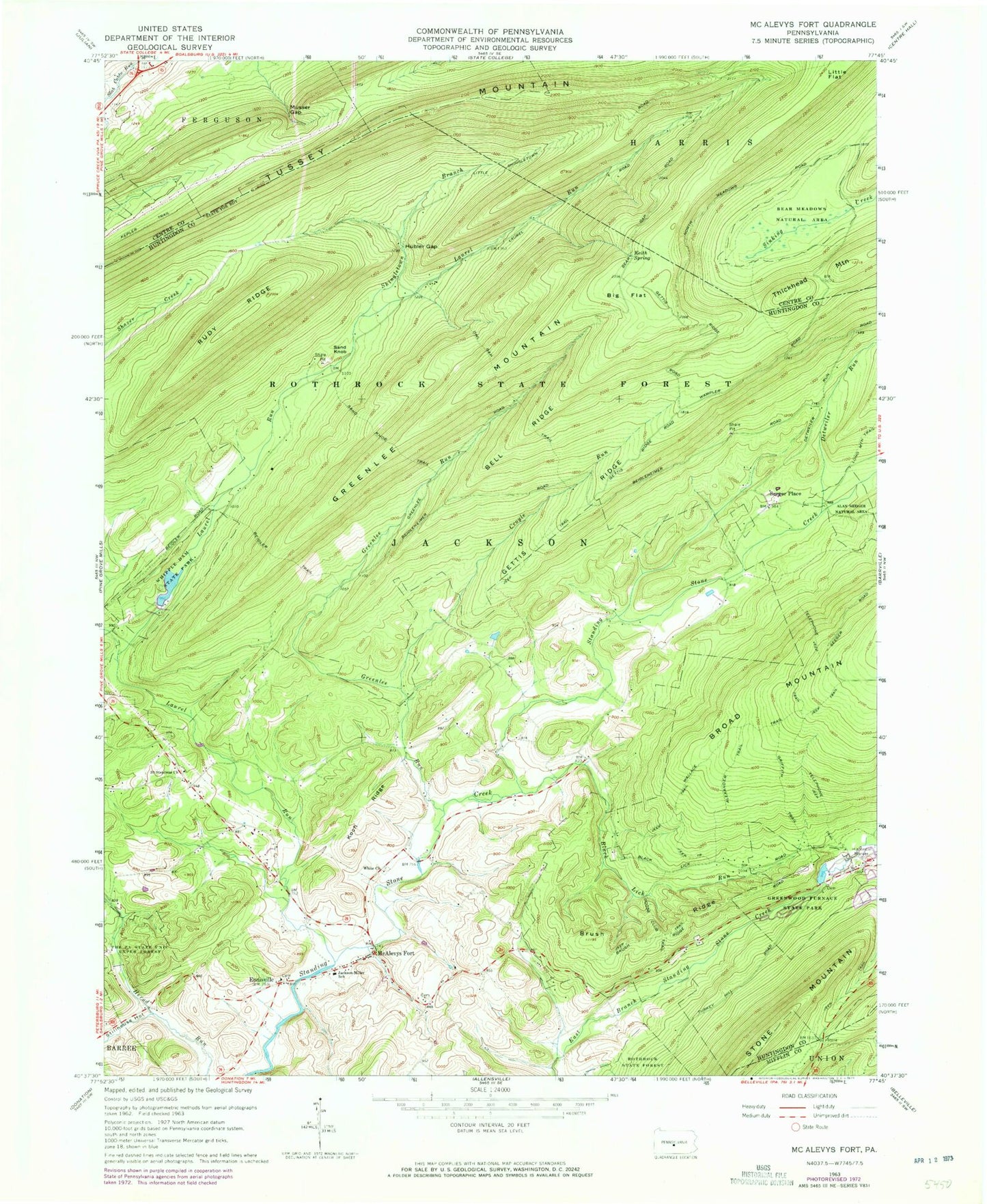 Classic USGS McAlevys Fort Pennsylvania 7.5'x7.5' Topo Map Image