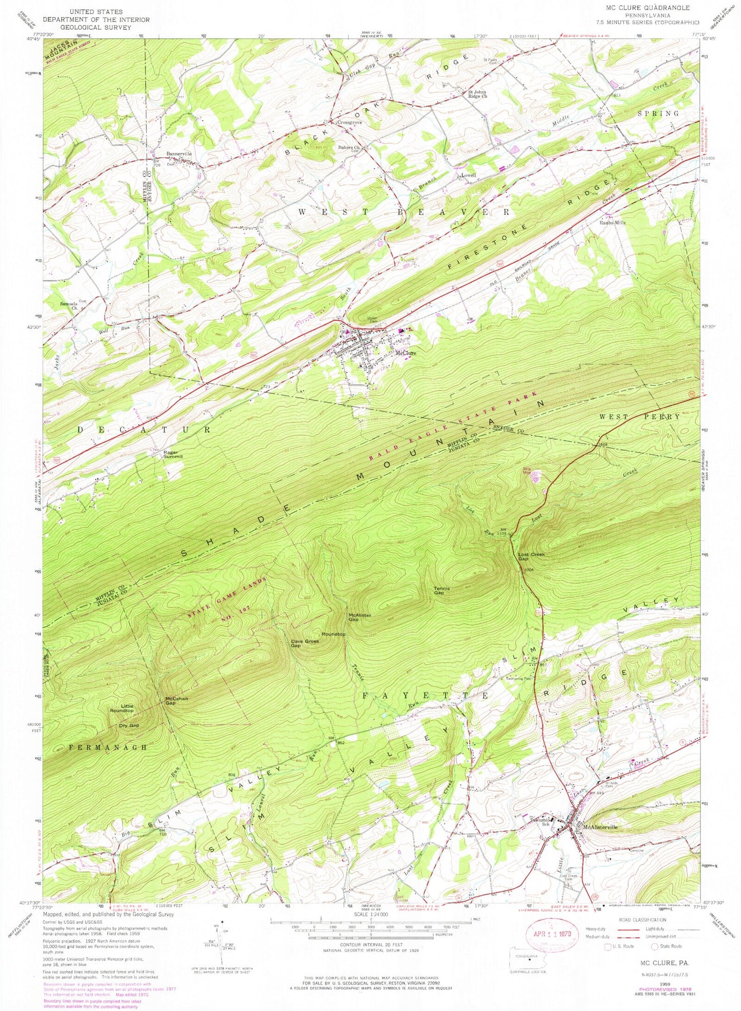 Classic USGS McClure Pennsylvania 7.5'x7.5' Topo Map Image