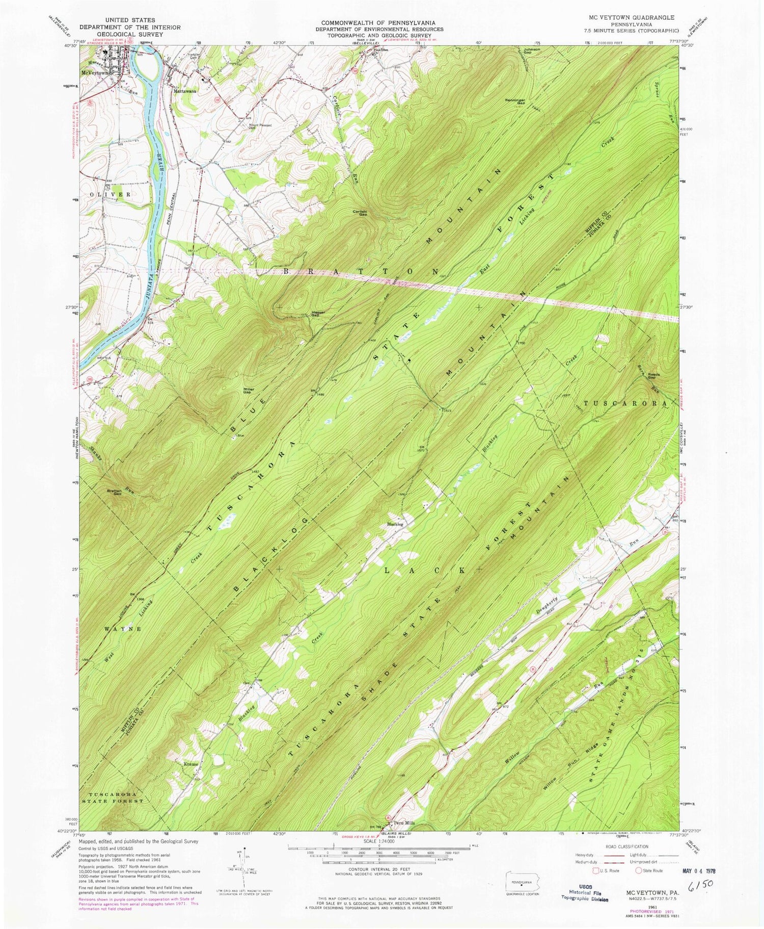 Classic USGS McVeytown Pennsylvania 7.5'x7.5' Topo Map Image