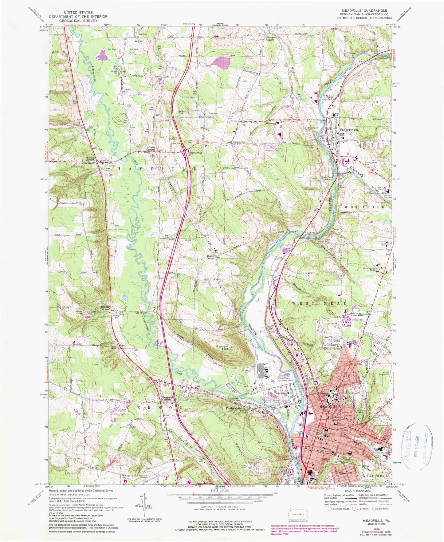 Classic USGS Meadville Pennsylvania 7.5'x7.5' Topo Map Image