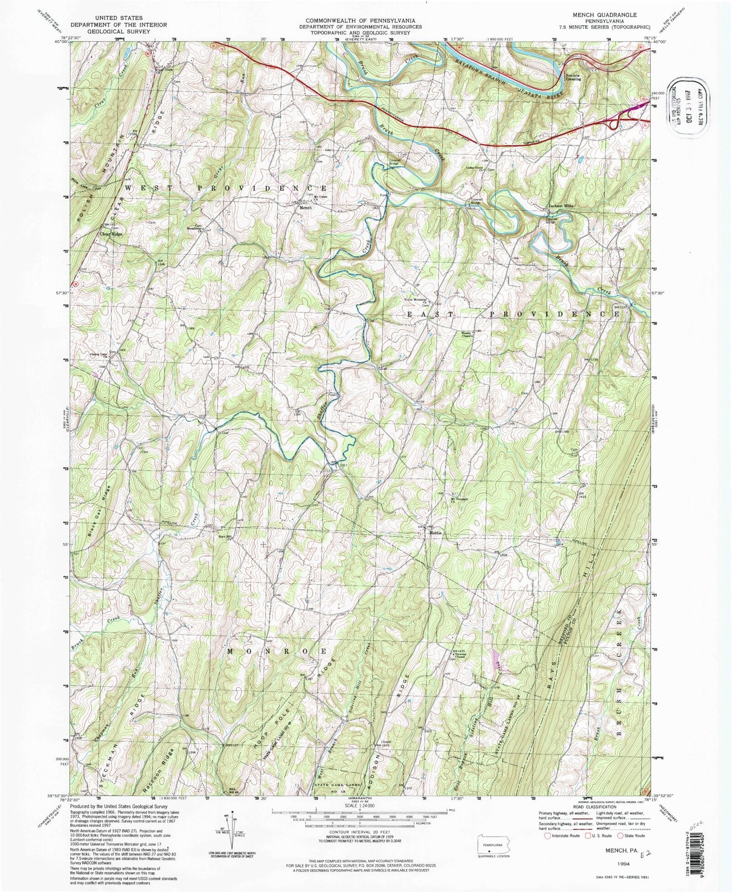 Classic USGS Mench Pennsylvania 7.5'x7.5' Topo Map Image