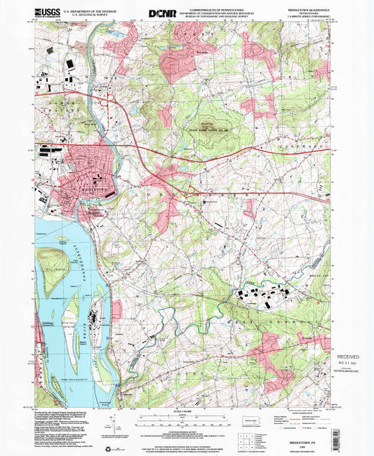 Classic USGS Middletown Pennsylvania 7.5'x7.5' Topo Map Image