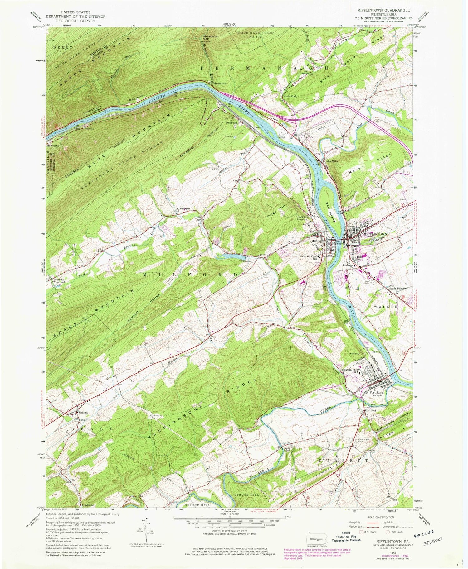Classic USGS Mifflintown Pennsylvania 7.5'x7.5' Topo Map Image