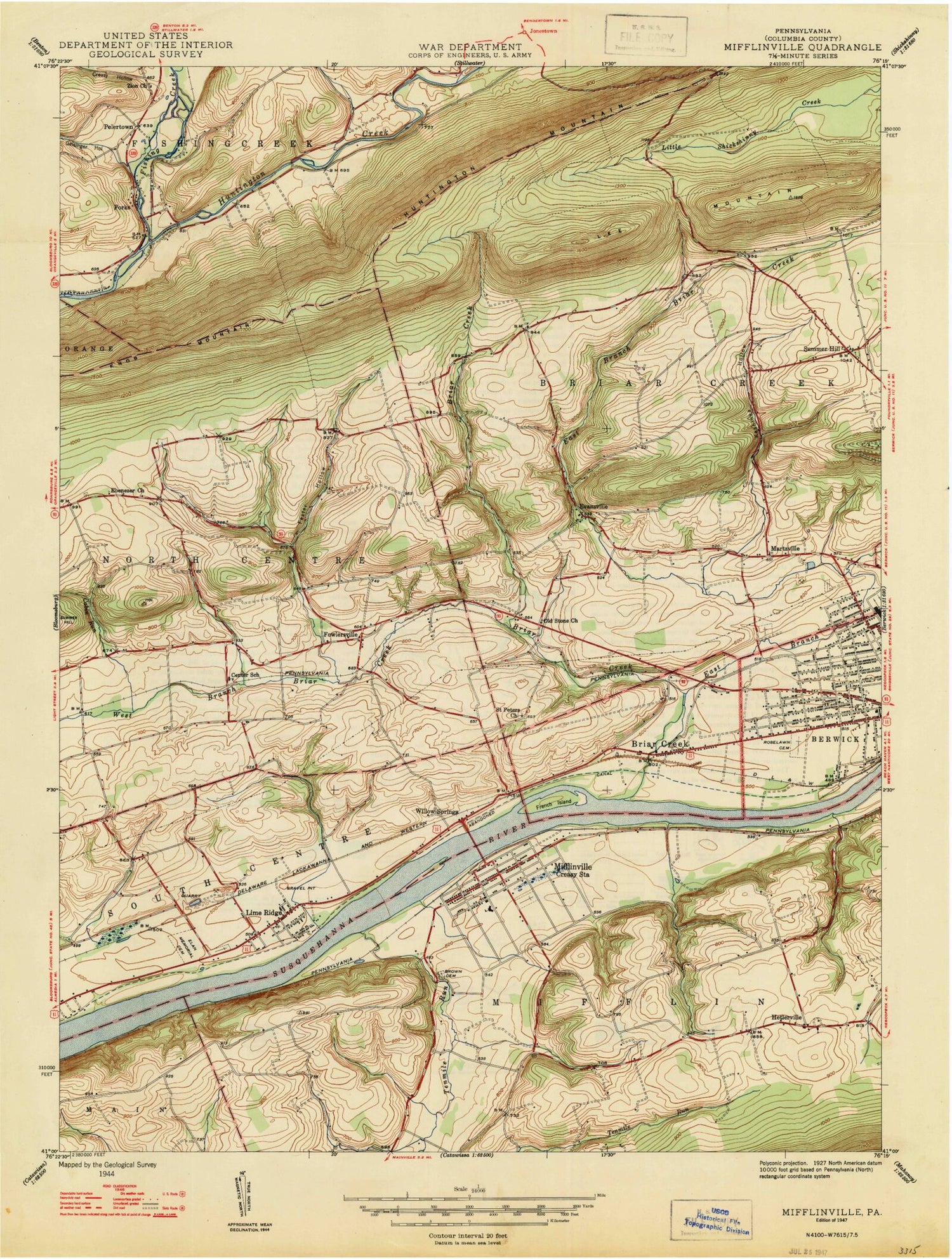 Classic USGS Mifflinville Pennsylvania 7.5'x7.5' Topo Map Image