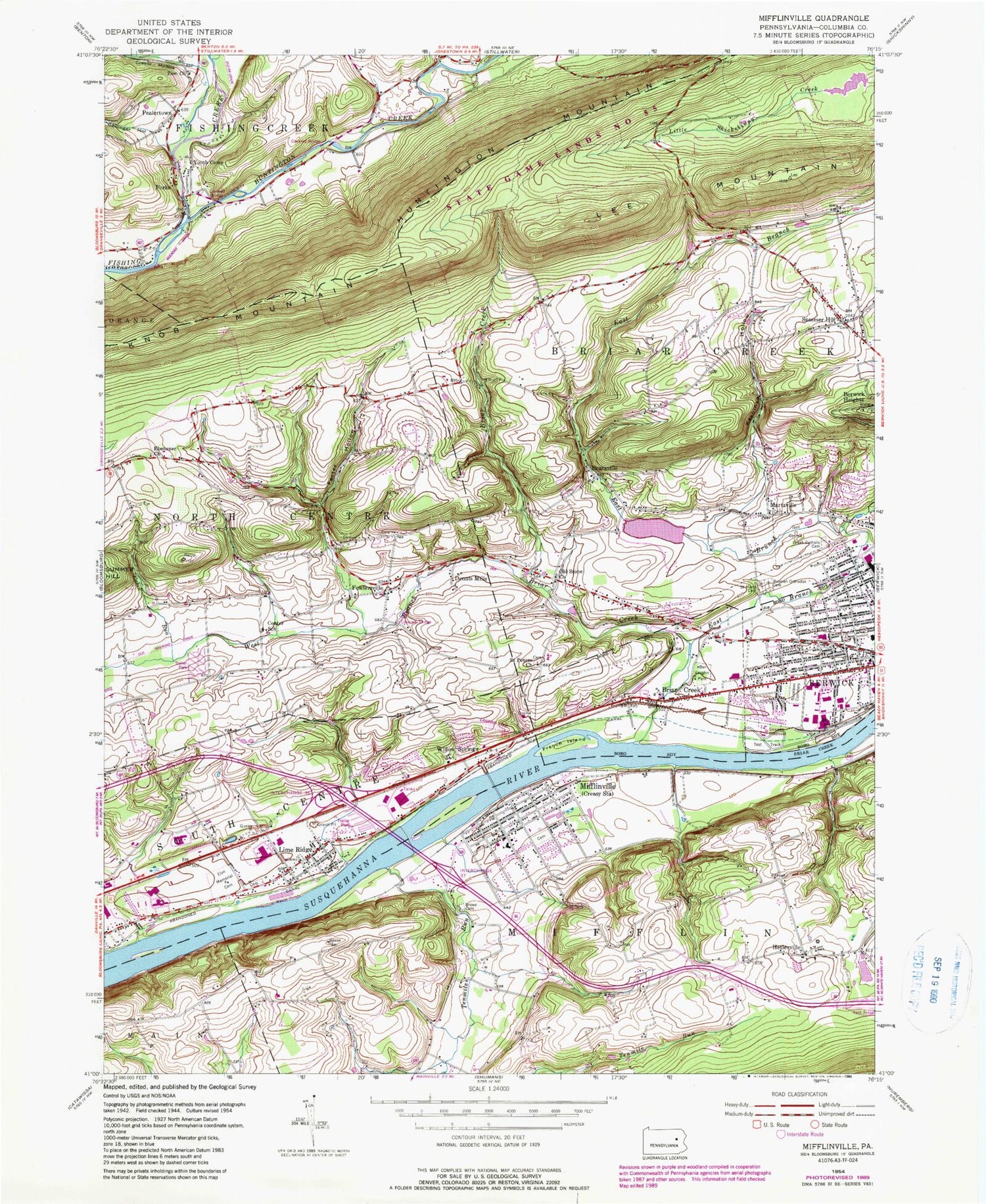 Classic USGS Mifflinville Pennsylvania 7.5'x7.5' Topo Map Image