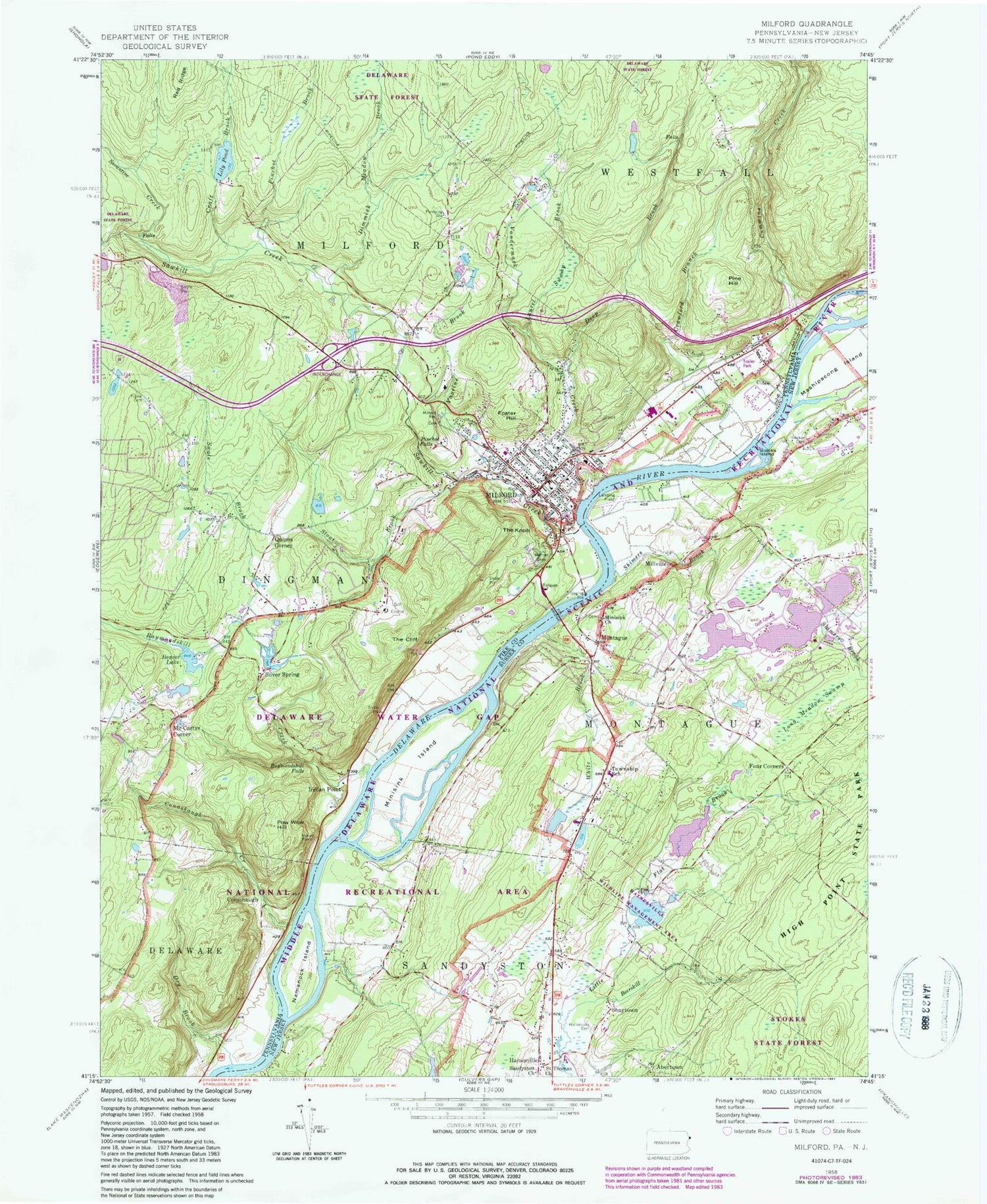 Classic USGS Milford Pennsylvania 7.5'x7.5' Topo Map Image
