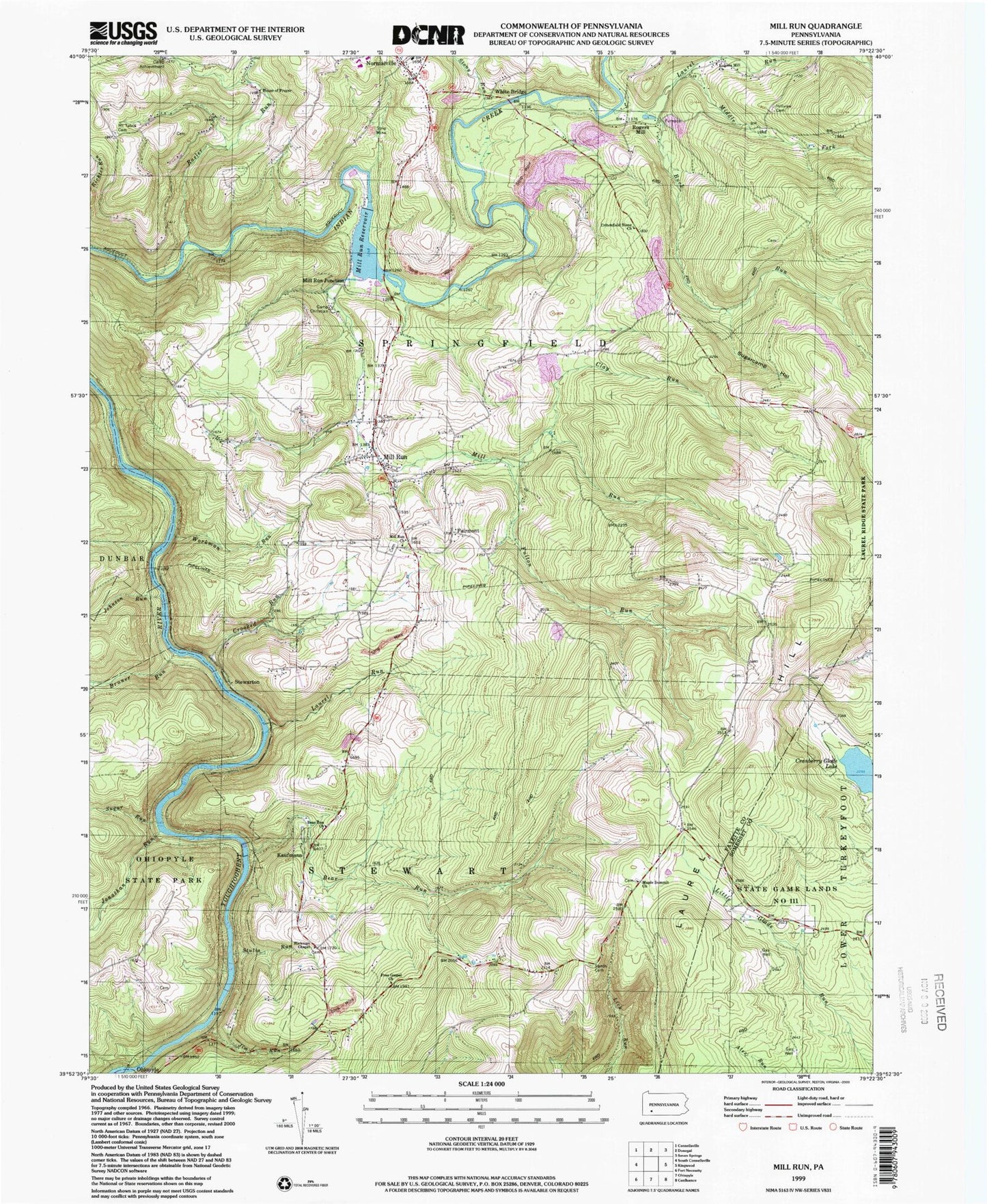 USGS Classic Mill Run Pennsylvania 7.5'x7.5' Topo Map Image