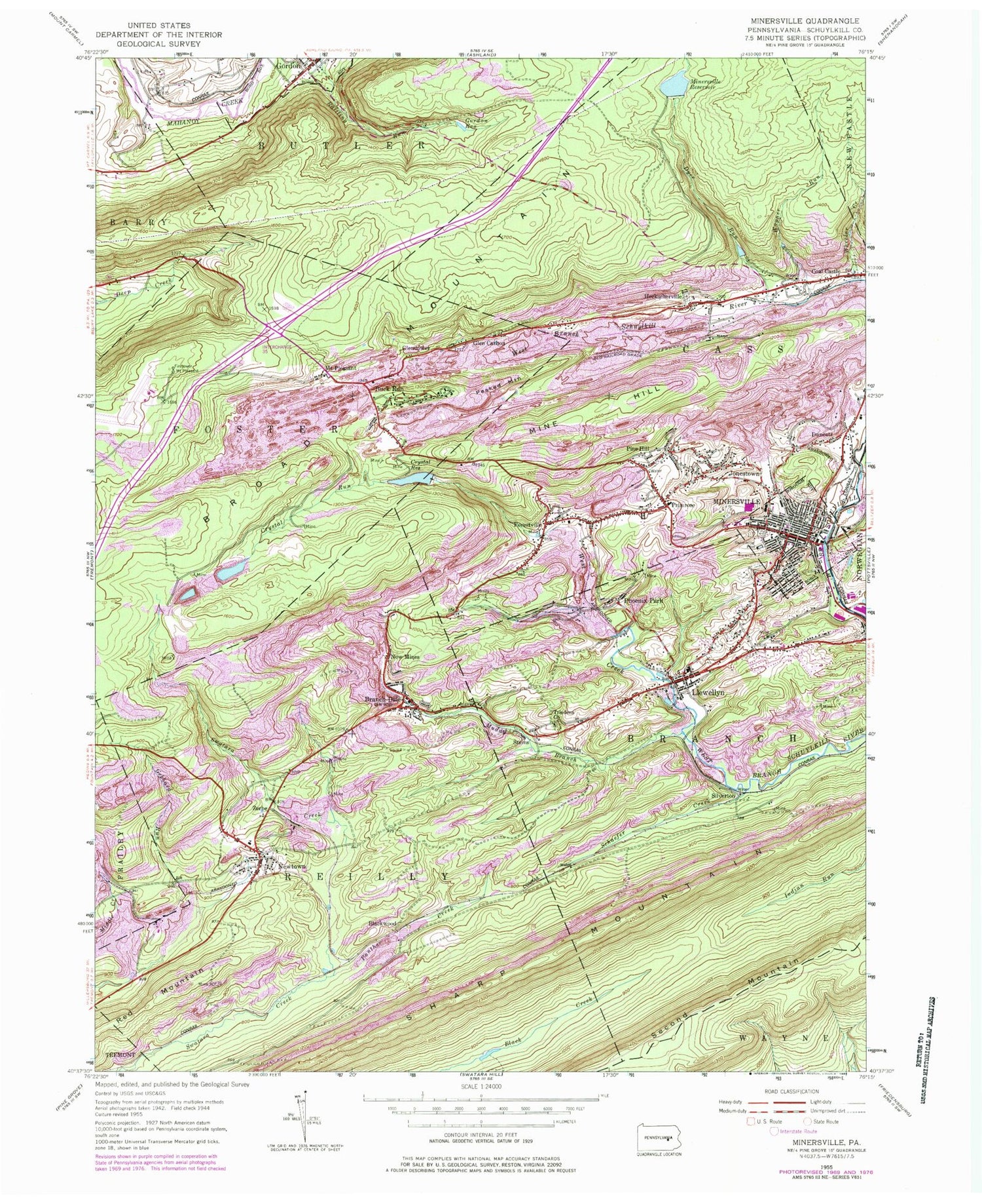 Classic USGS Minersville Pennsylvania 7.5'x7.5' Topo Map Image