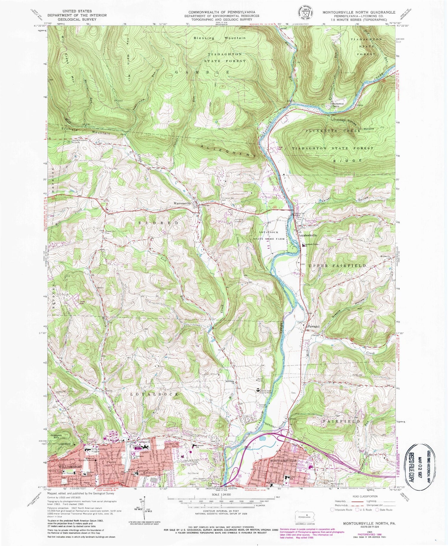 Classic USGS Montoursville North Pennsylvania 7.5'x7.5' Topo Map Image