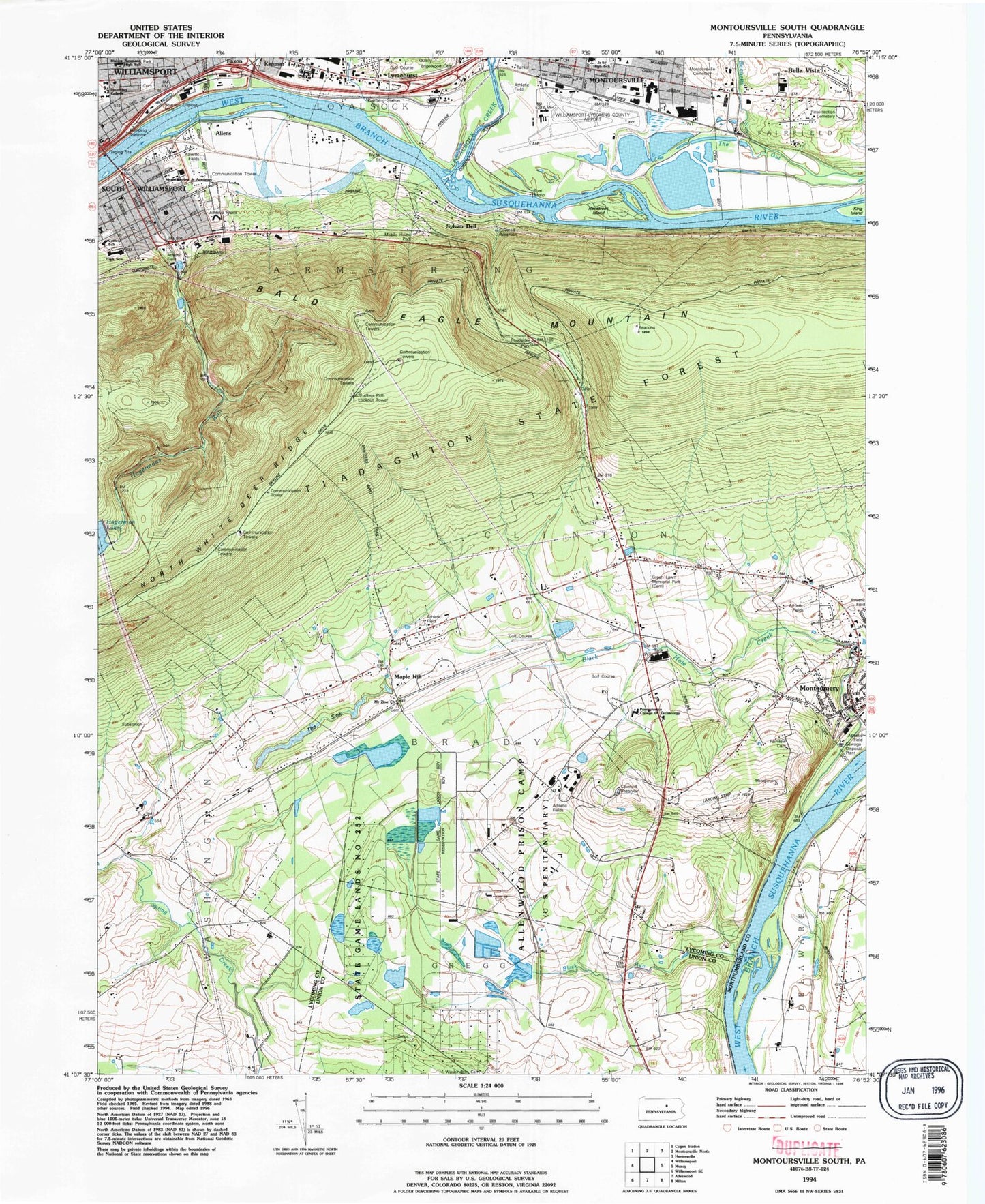 Classic USGS Montoursville South Pennsylvania 7.5'x7.5' Topo Map Image