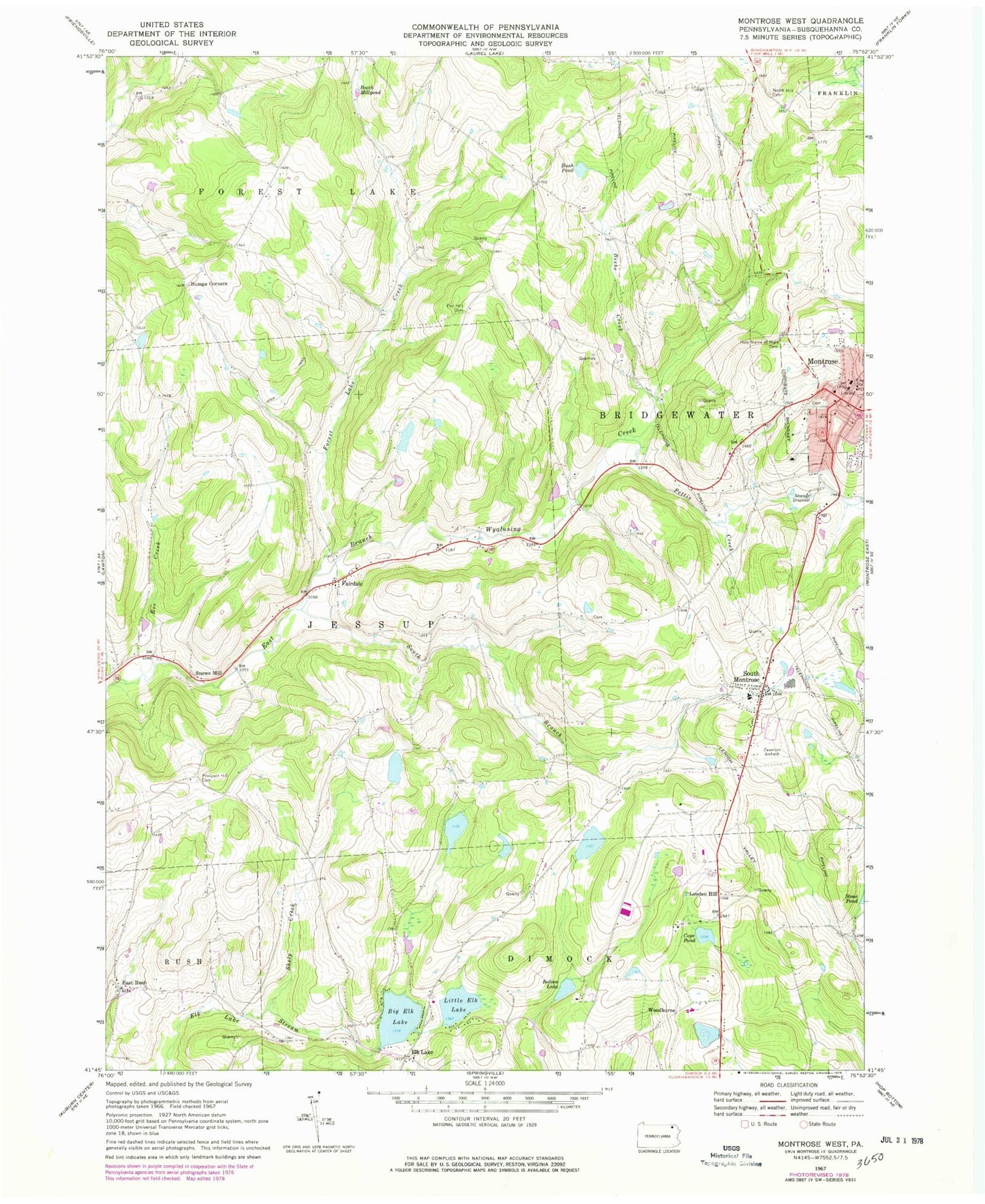 Classic USGS Montrose West Pennsylvania 7.5'x7.5' Topo Map Image