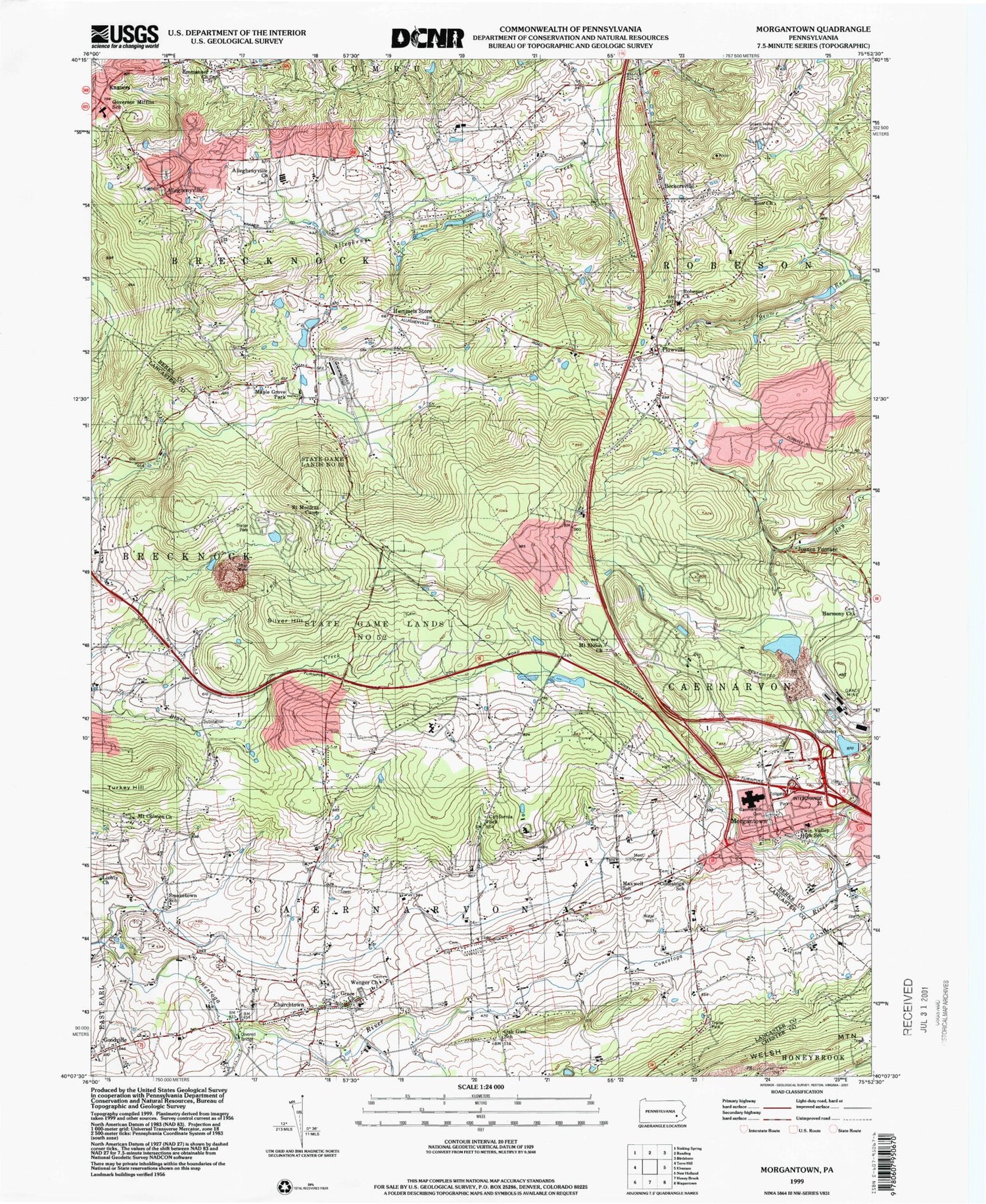 Classic USGS Morgantown Pennsylvania 7.5'x7.5' Topo Map Image