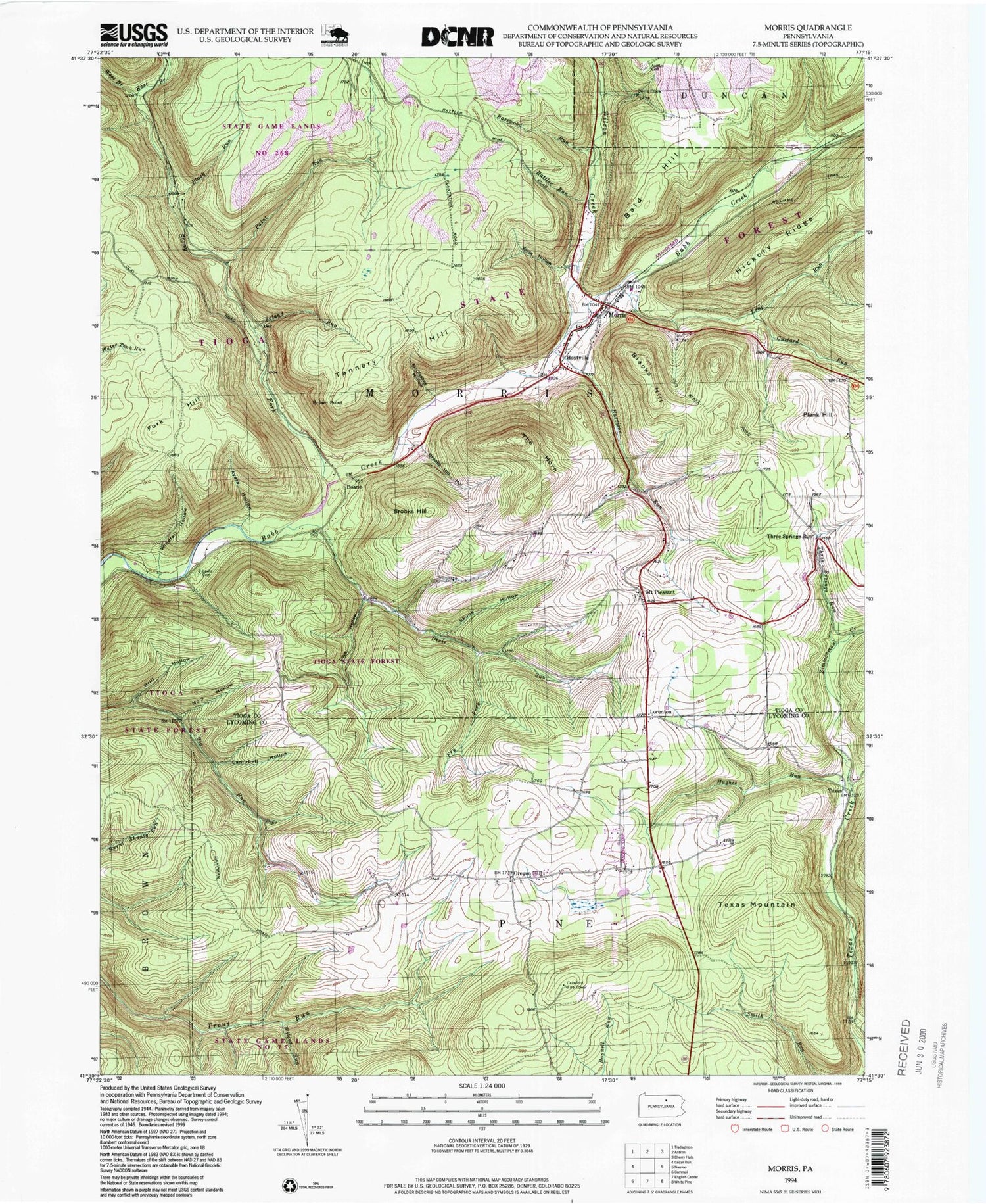 Classic USGS Morris Pennsylvania 7.5'x7.5' Topo Map Image