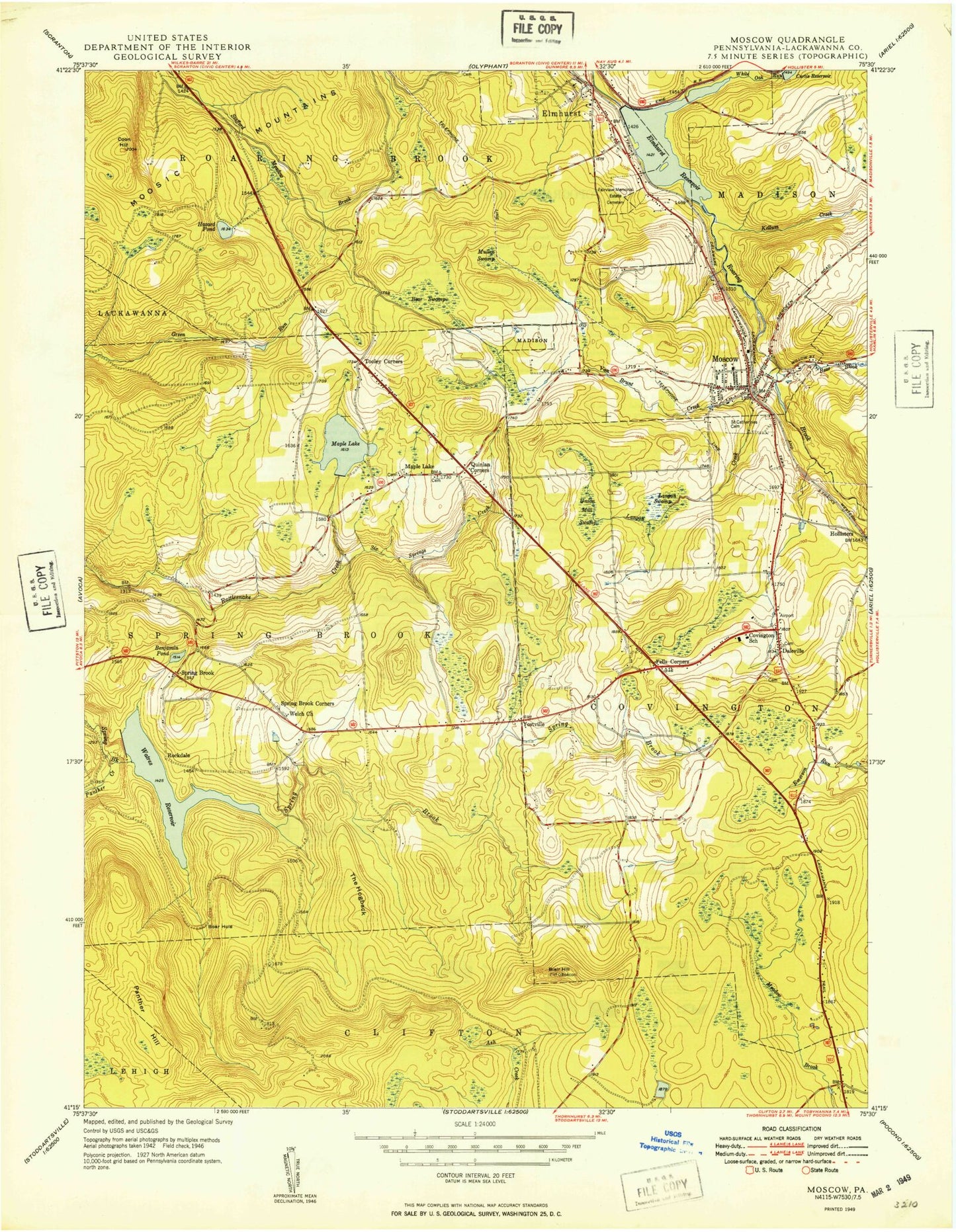 Classic USGS Moscow Pennsylvania 7.5'x7.5' Topo Map Image