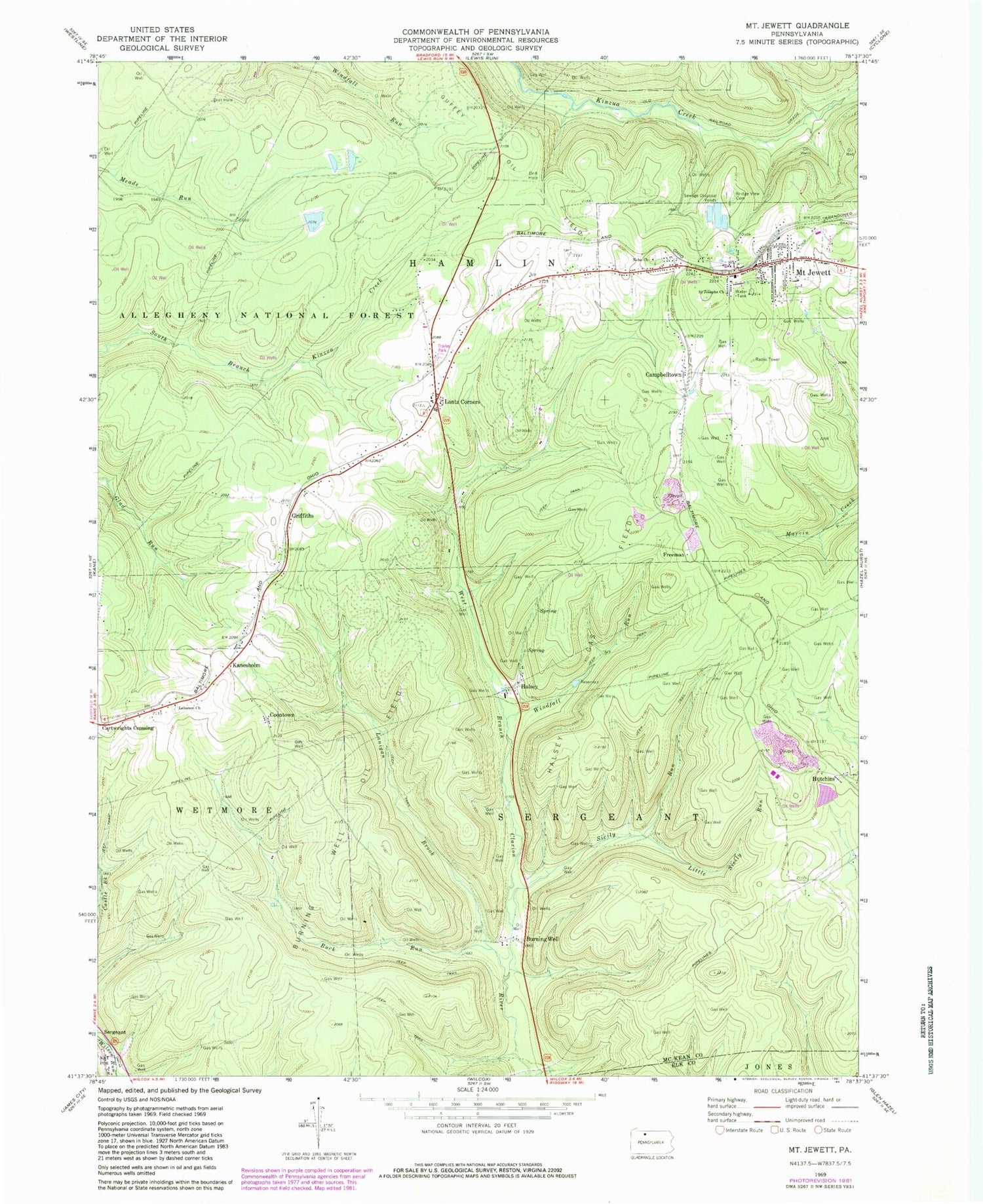 Classic USGS Mount Jewett Pennsylvania 7.5'x7.5' Topo Map Image