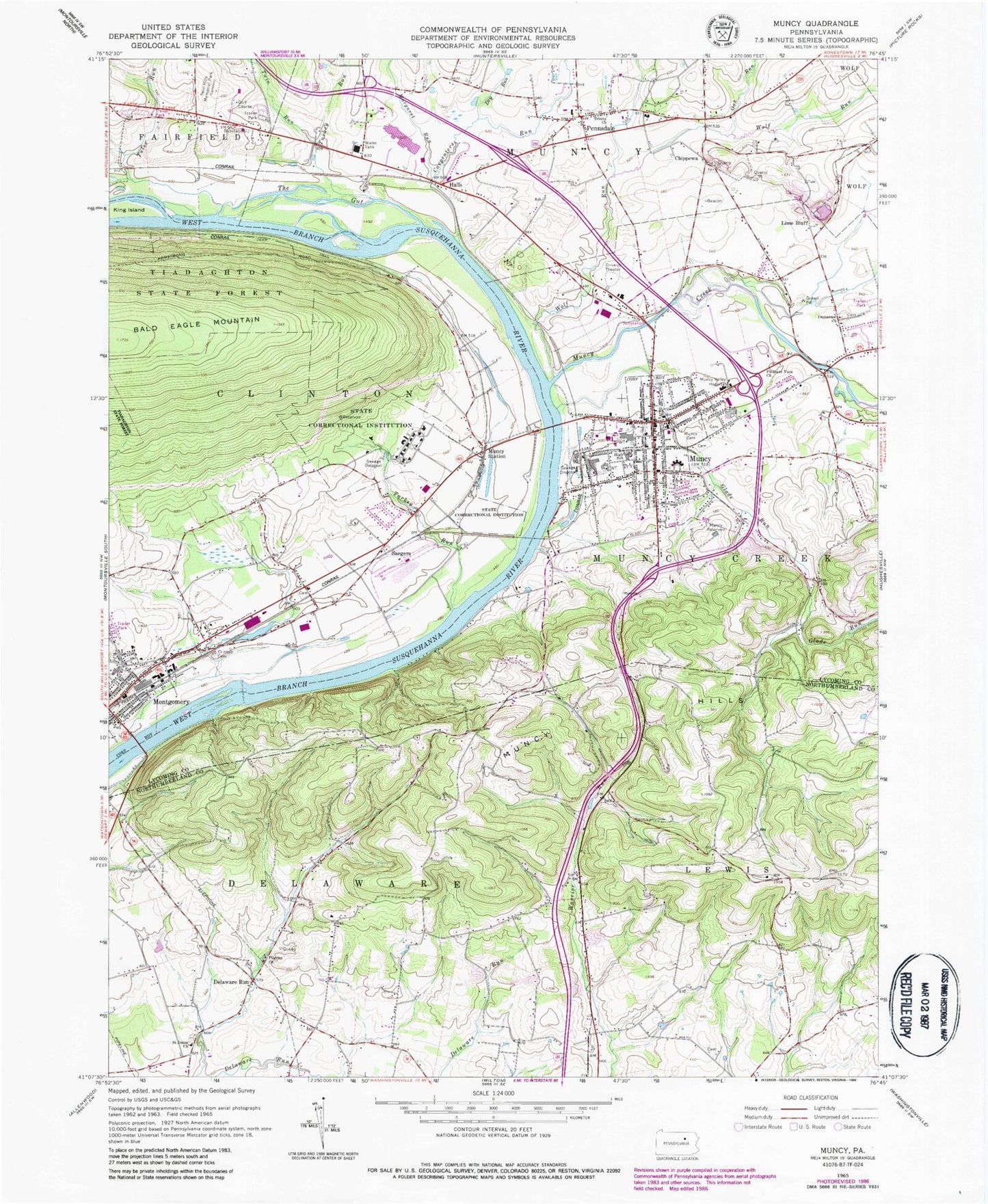 Classic USGS Muncy Pennsylvania 7.5'x7.5' Topo Map Image