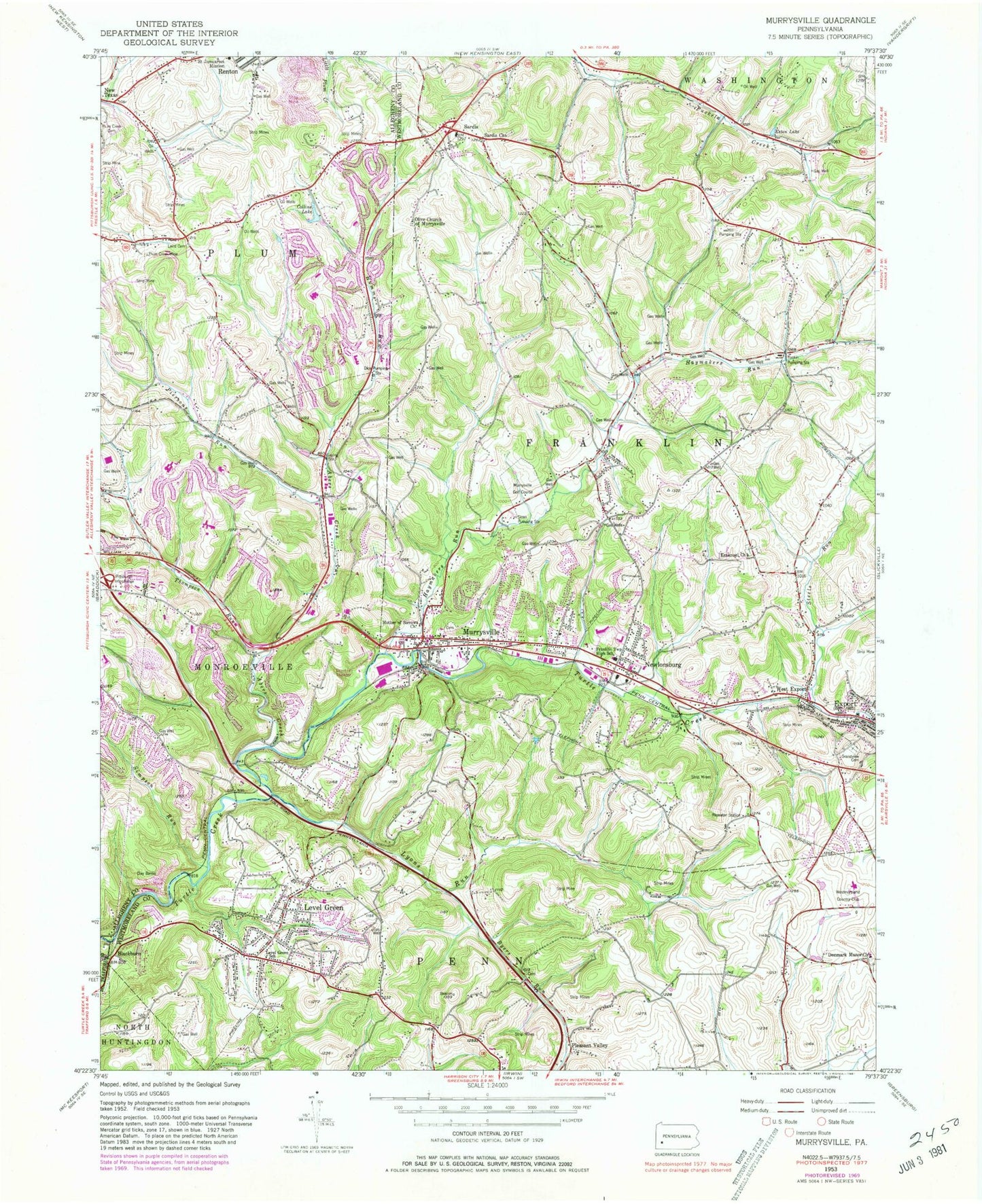 Classic USGS Murrysville Pennsylvania 7.5'x7.5' Topo Map Image