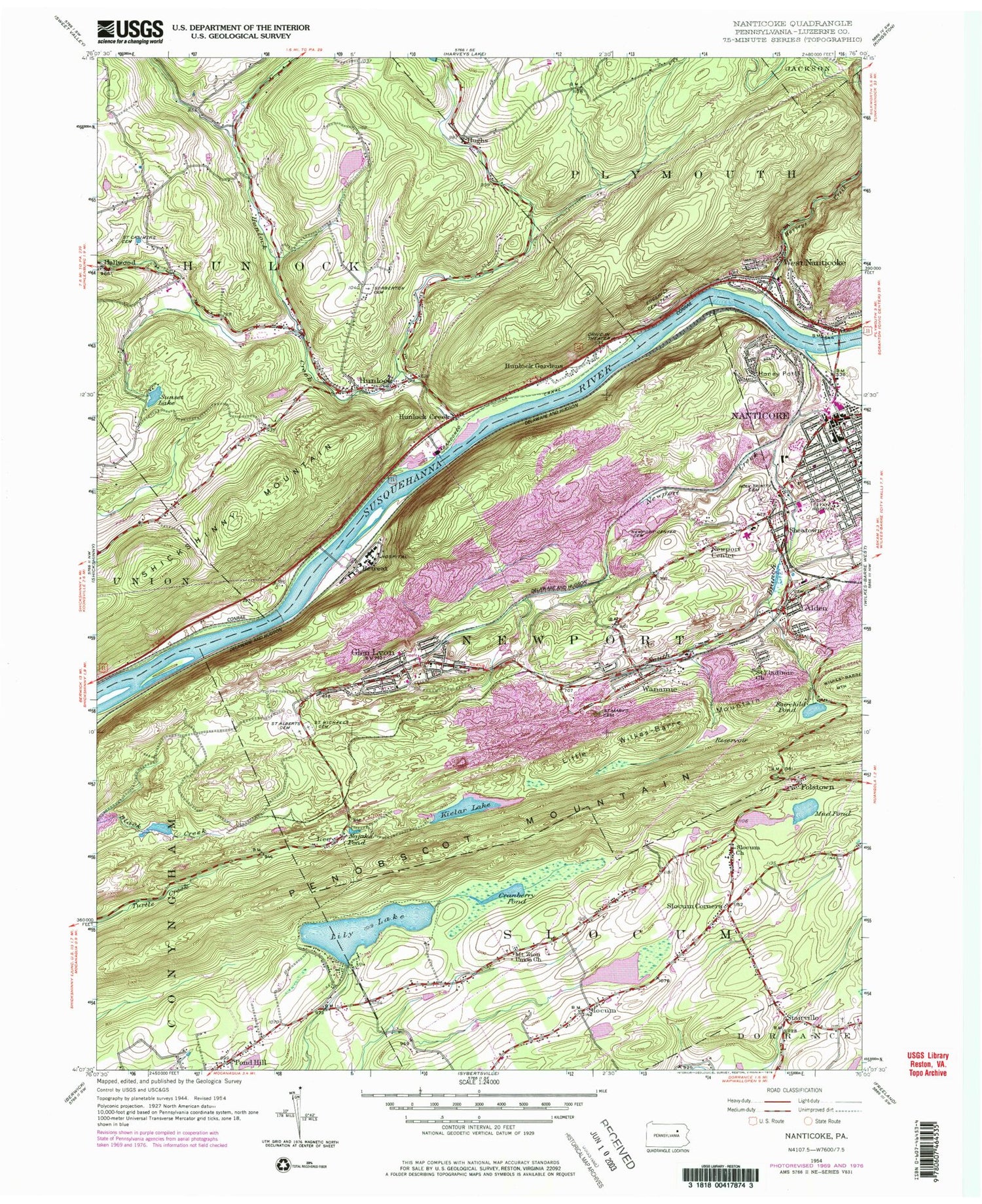 Classic USGS Nanticoke Pennsylvania 7.5'x7.5' Topo Map Image