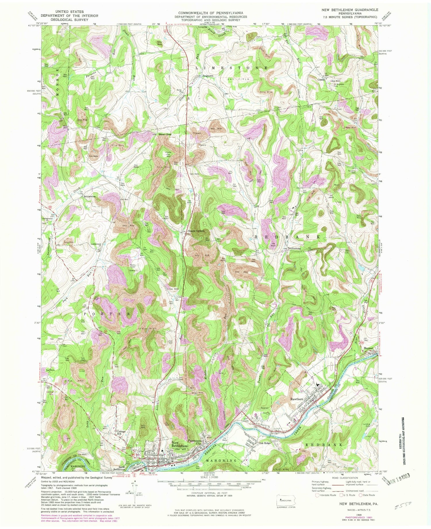 Classic USGS New Bethlehem Pennsylvania 7.5'x7.5' Topo Map Image