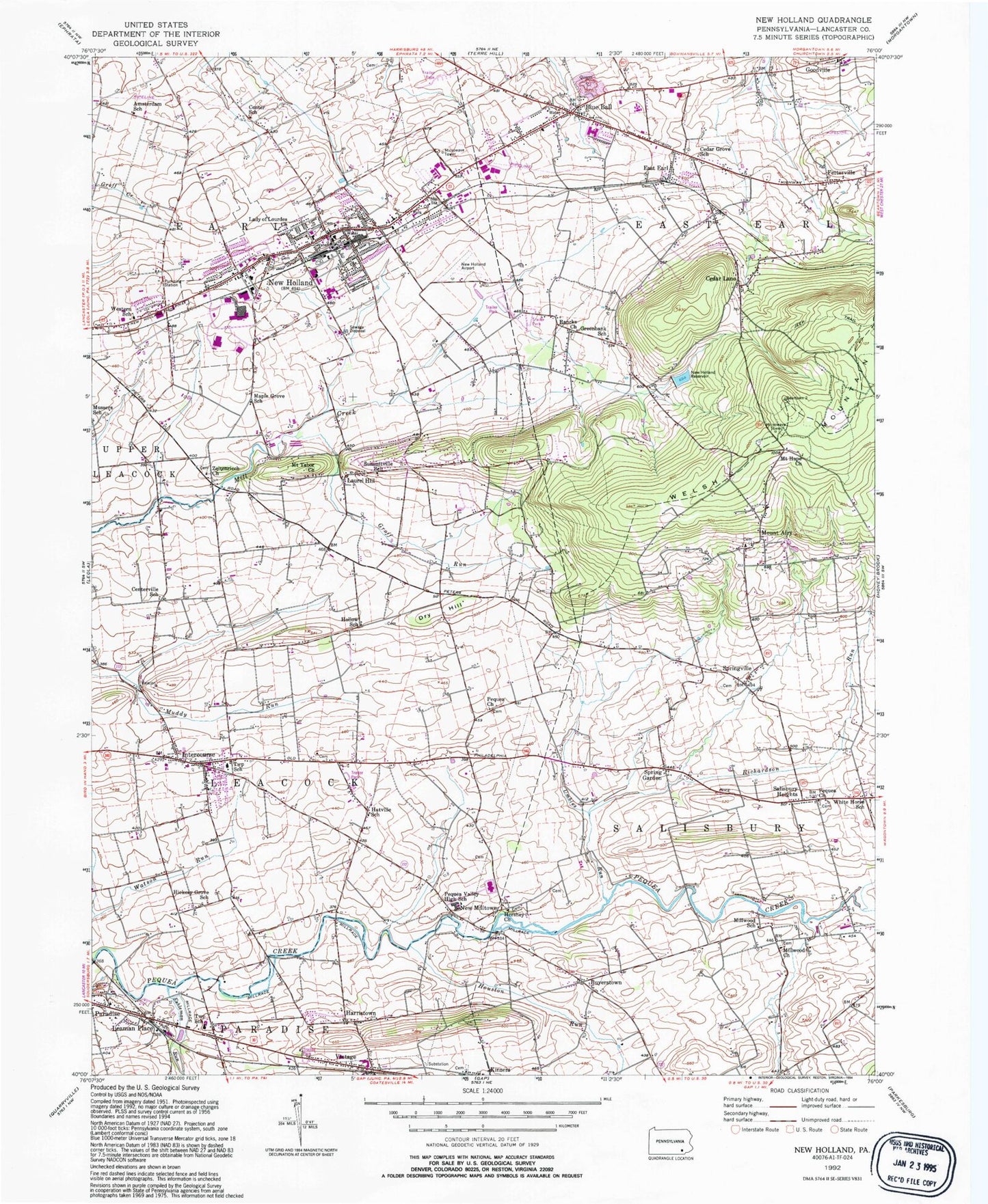 Classic USGS New Holland Pennsylvania 7.5'x7.5' Topo Map Image