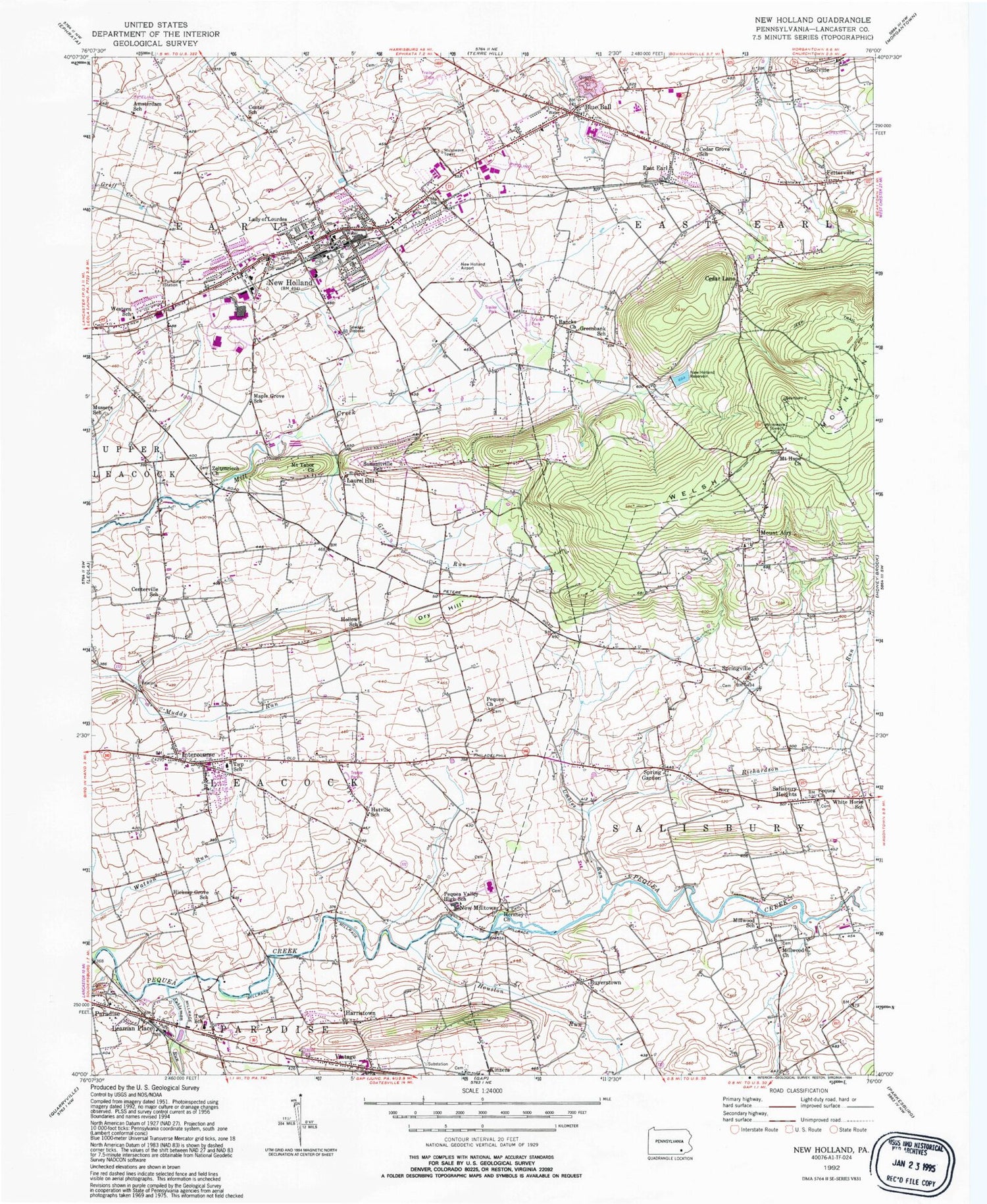 Classic USGS New Holland Pennsylvania 7.5'x7.5' Topo Map Image