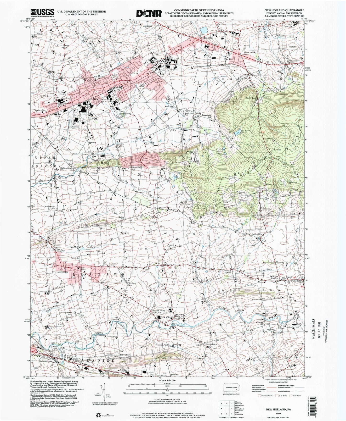 Classic USGS New Holland Pennsylvania 7.5'x7.5' Topo Map Image