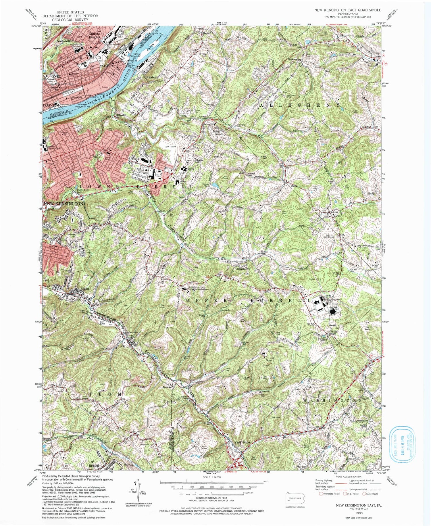 Classic USGS New Kensington East Pennsylvania 7.5'x7.5' Topo Map Image