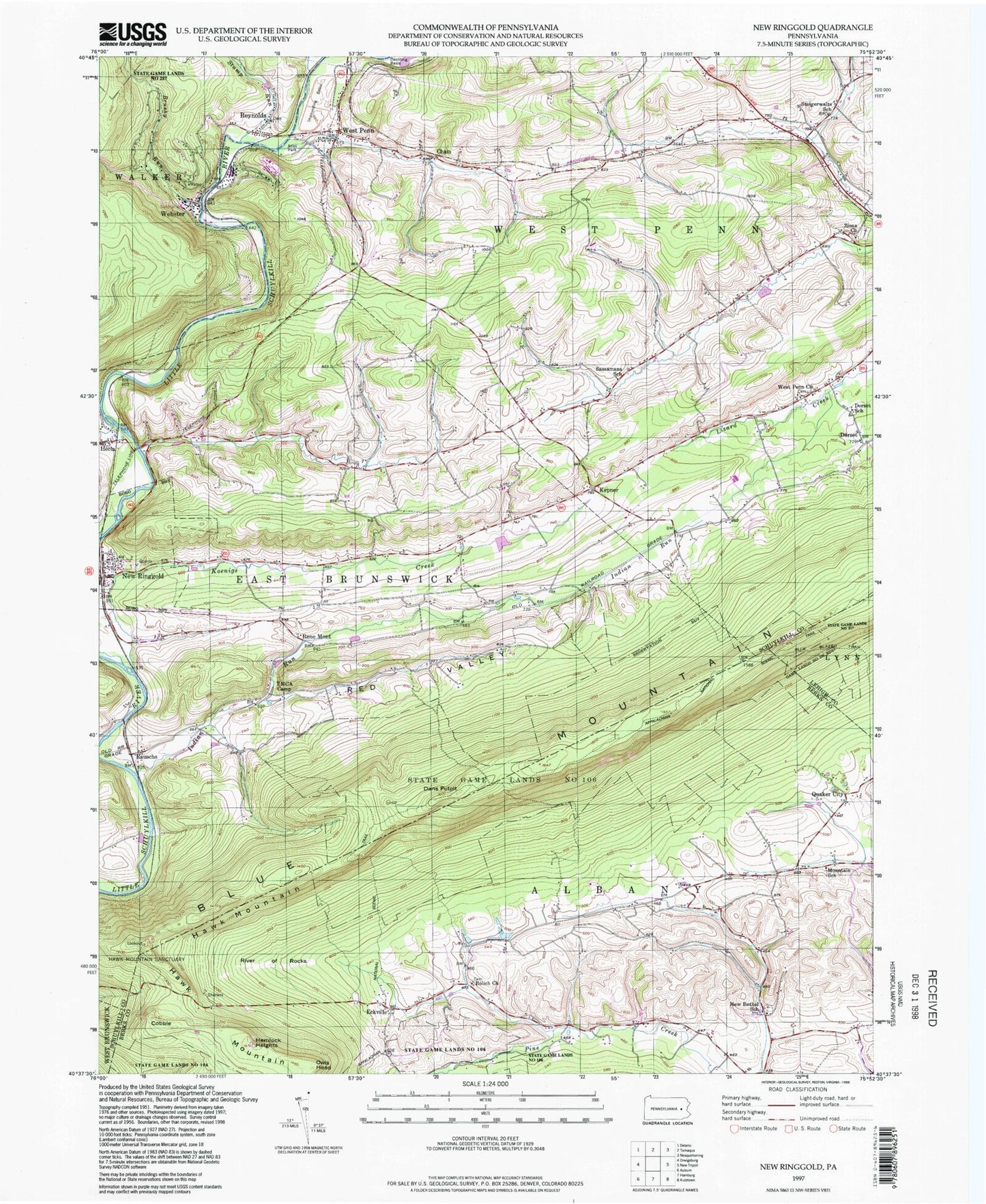 Classic USGS New Ringgold Pennsylvania 7.5'x7.5' Topo Map Image