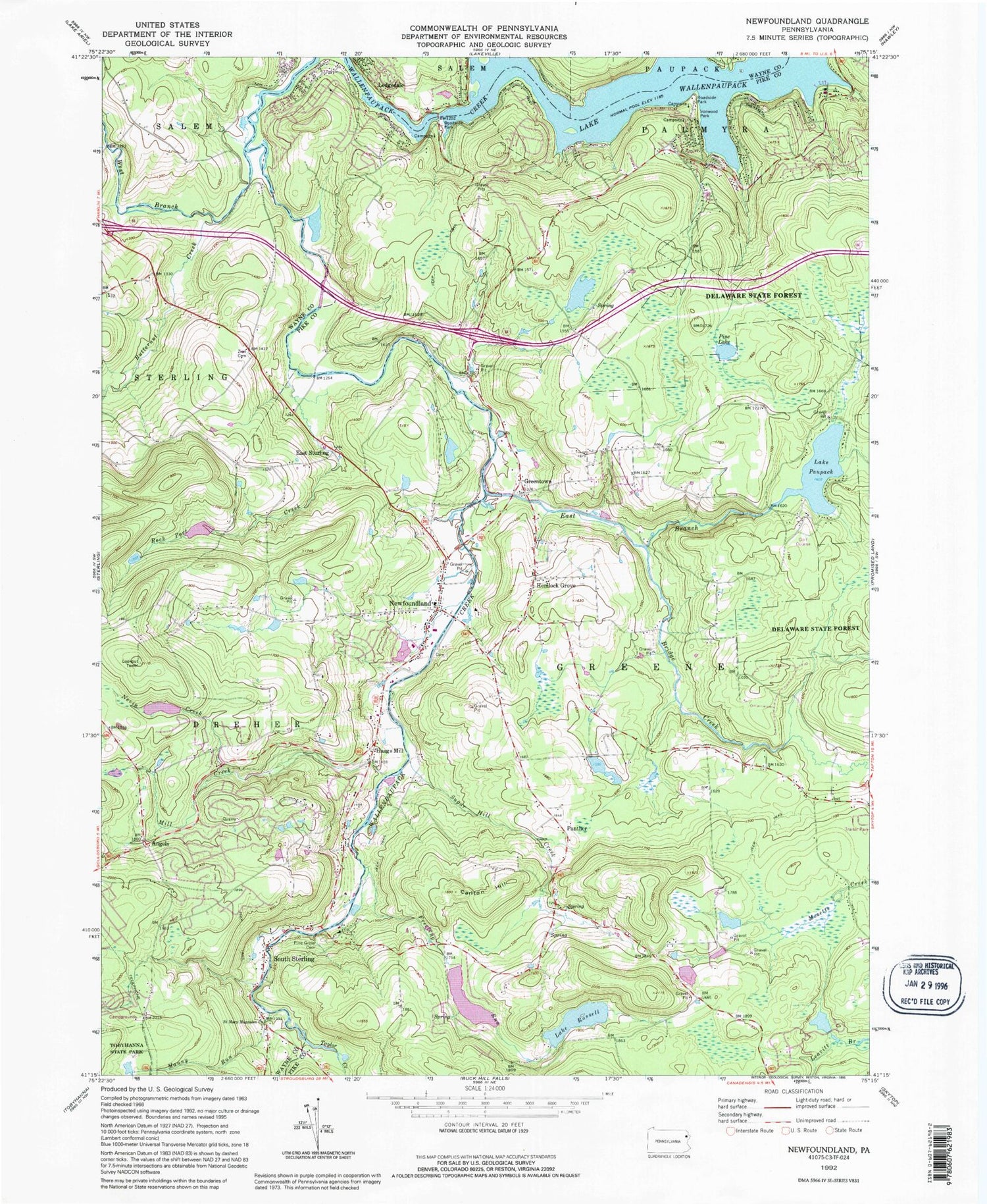 Classic USGS Newfoundland Pennsylvania 7.5'x7.5' Topo Map Image