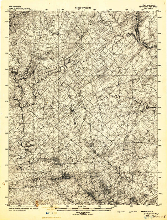 Historic 1942 Philadelphia North Pennsylvania 30'x30' Topo Map Image