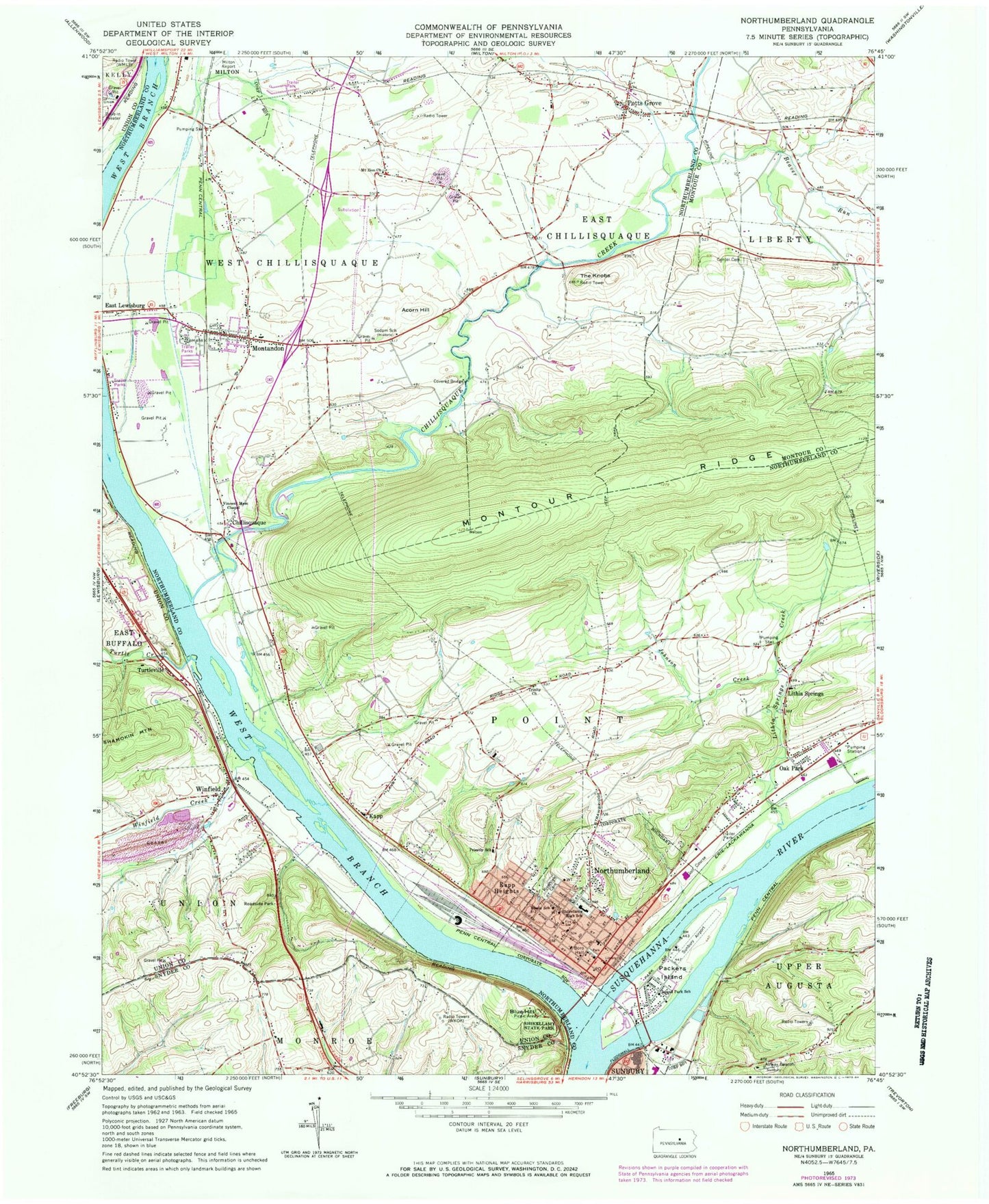 Classic USGS Northumberland Pennsylvania 7.5'x7.5' Topo Map Image
