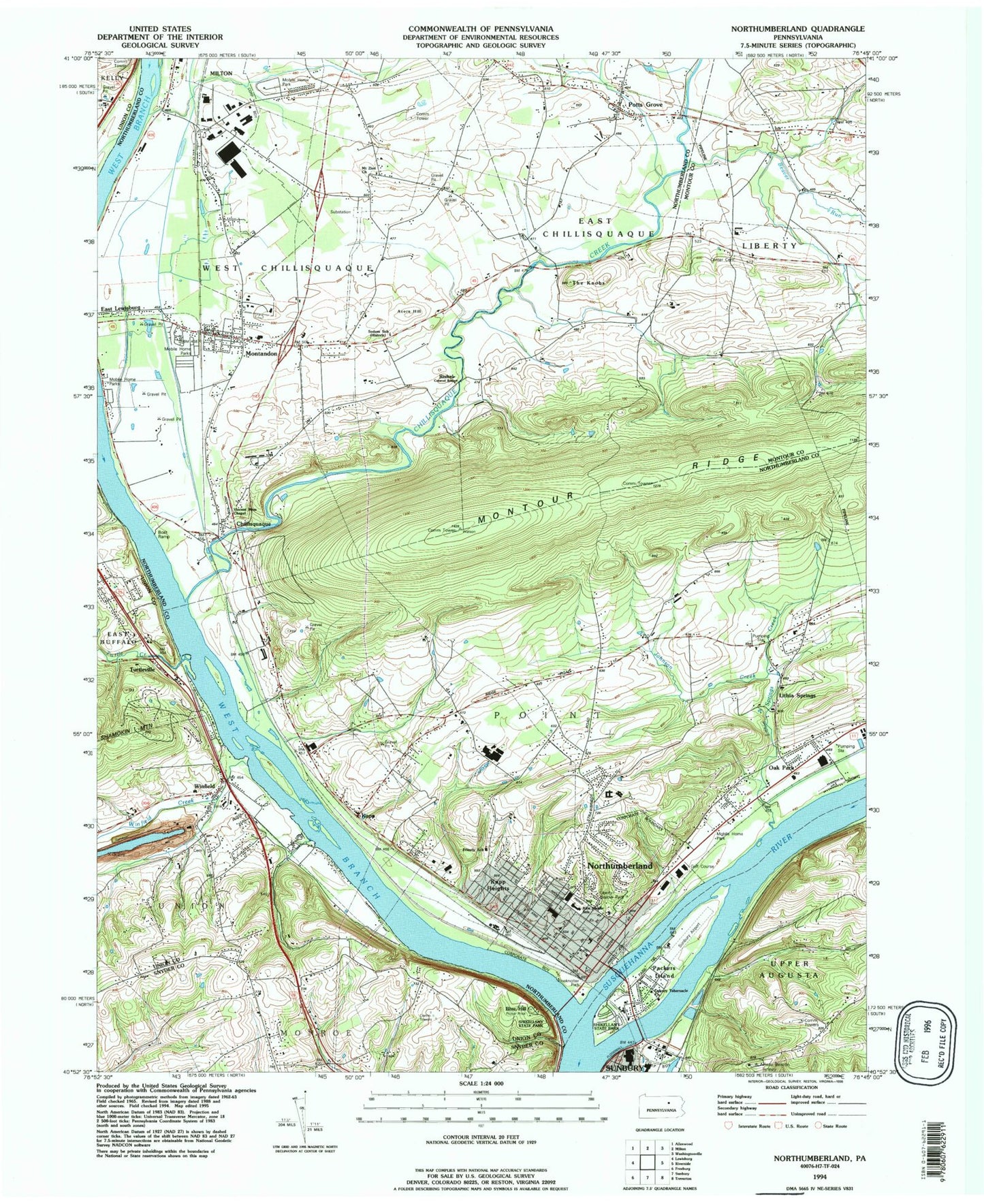 Classic USGS Northumberland Pennsylvania 7.5'x7.5' Topo Map Image