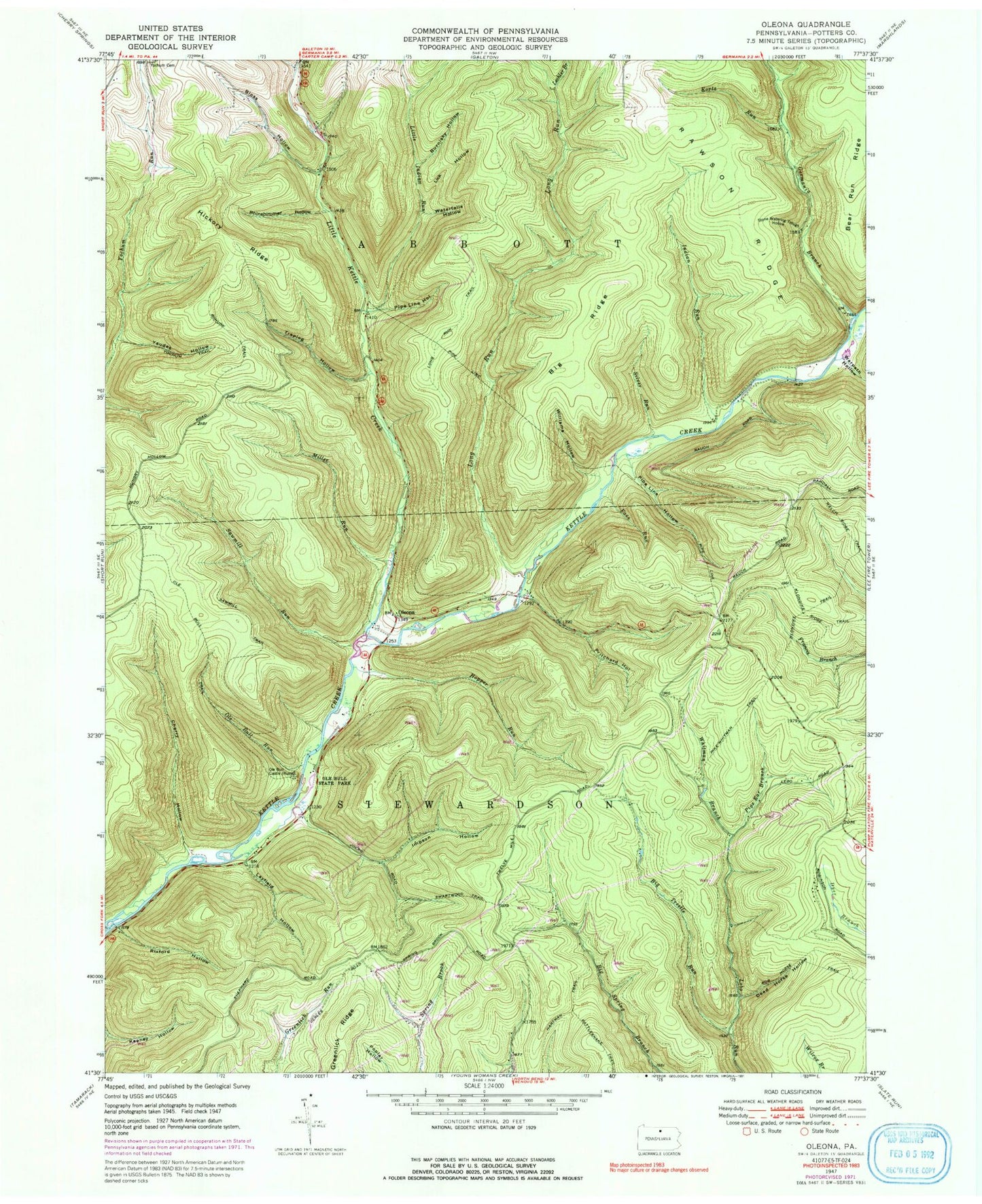 USGS Classic Oleona Pennsylvania 7.5'x7.5' Topo Map Image