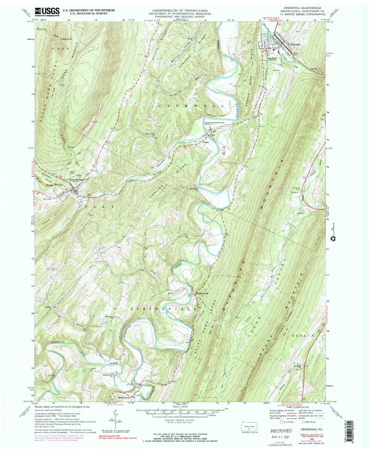 Classic USGS Orbisonia Pennsylvania 7.5'x7.5' Topo Map Image