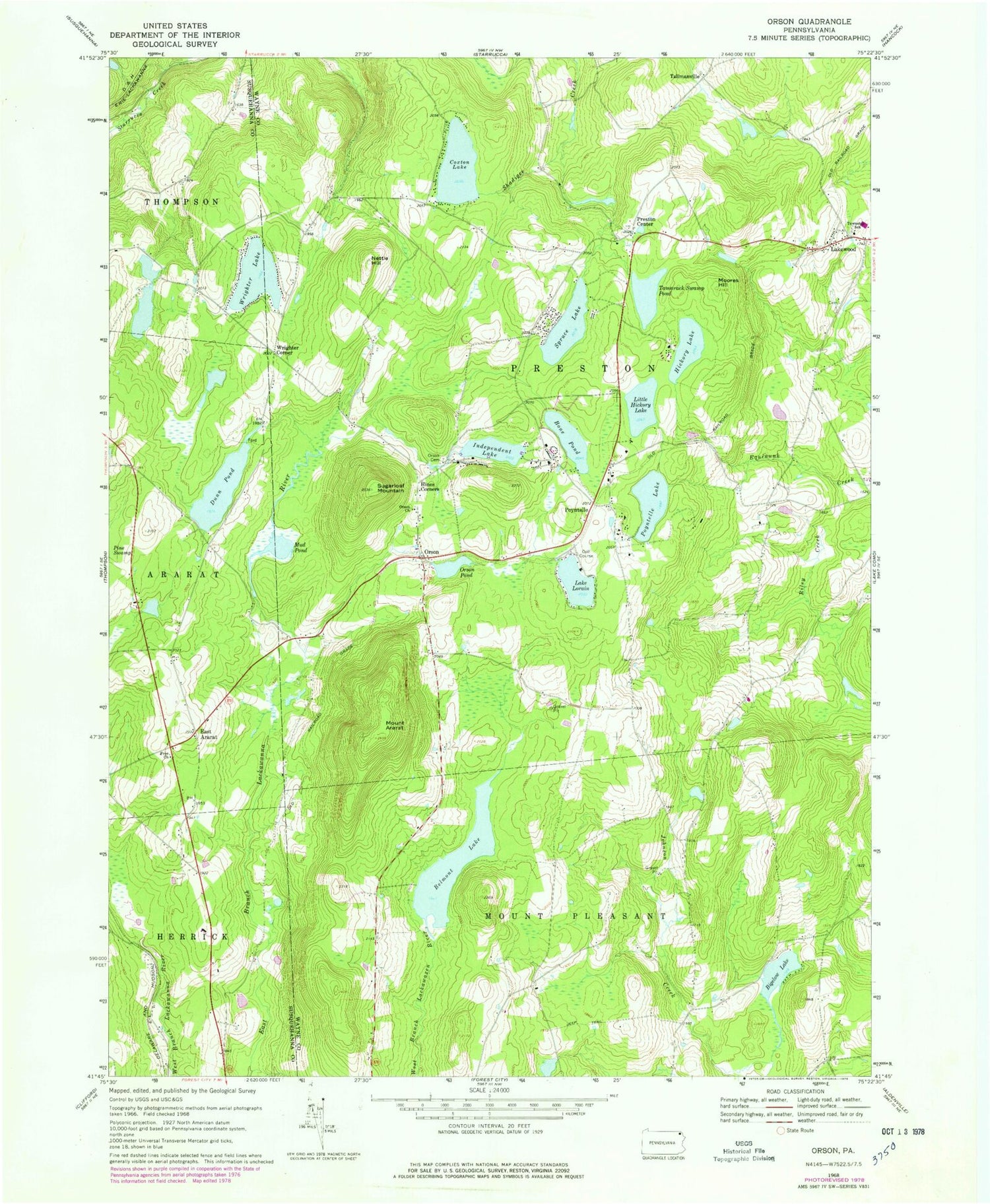 Classic USGS Orson Pennsylvania 7.5'x7.5' Topo Map Image