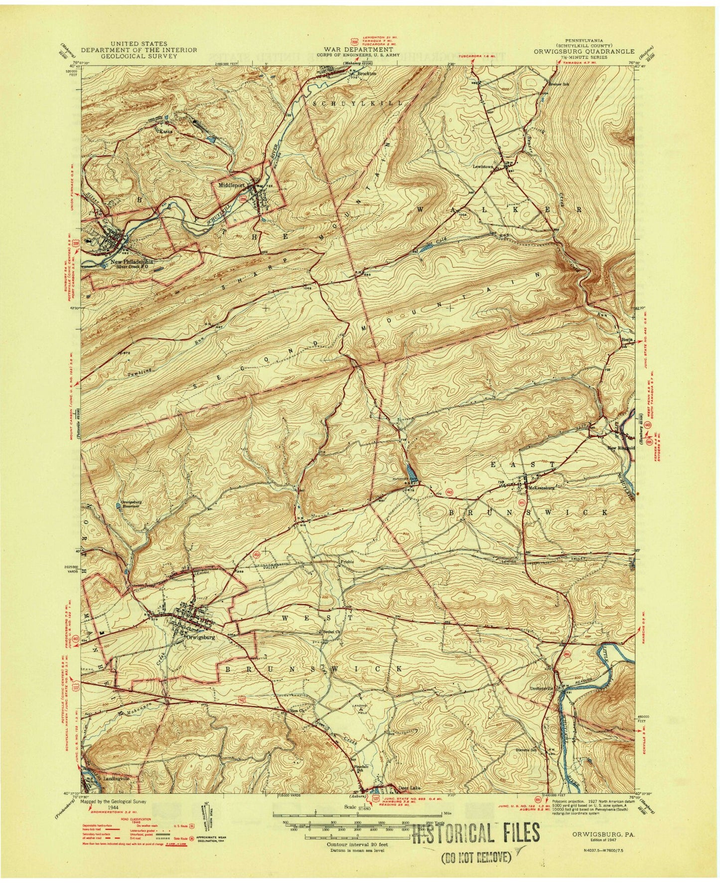 Classic USGS Orwigsburg Pennsylvania 7.5'x7.5' Topo Map Image