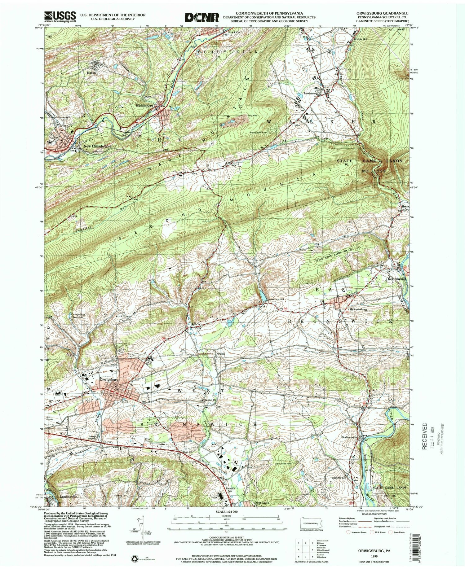Classic USGS Orwigsburg Pennsylvania 7.5'x7.5' Topo Map Image