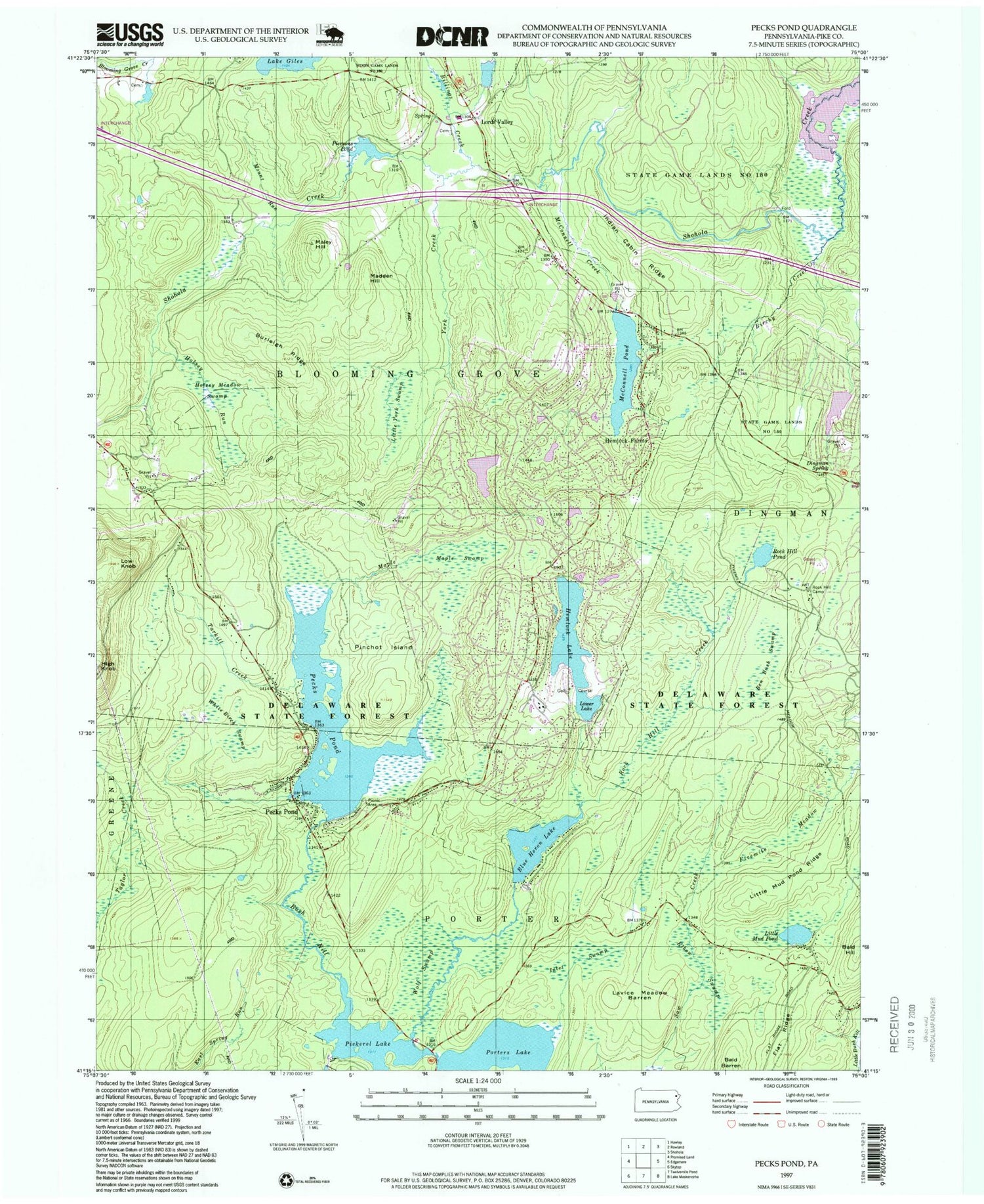 Classic USGS Pecks Pond Pennsylvania 7.5'x7.5' Topo Map Image