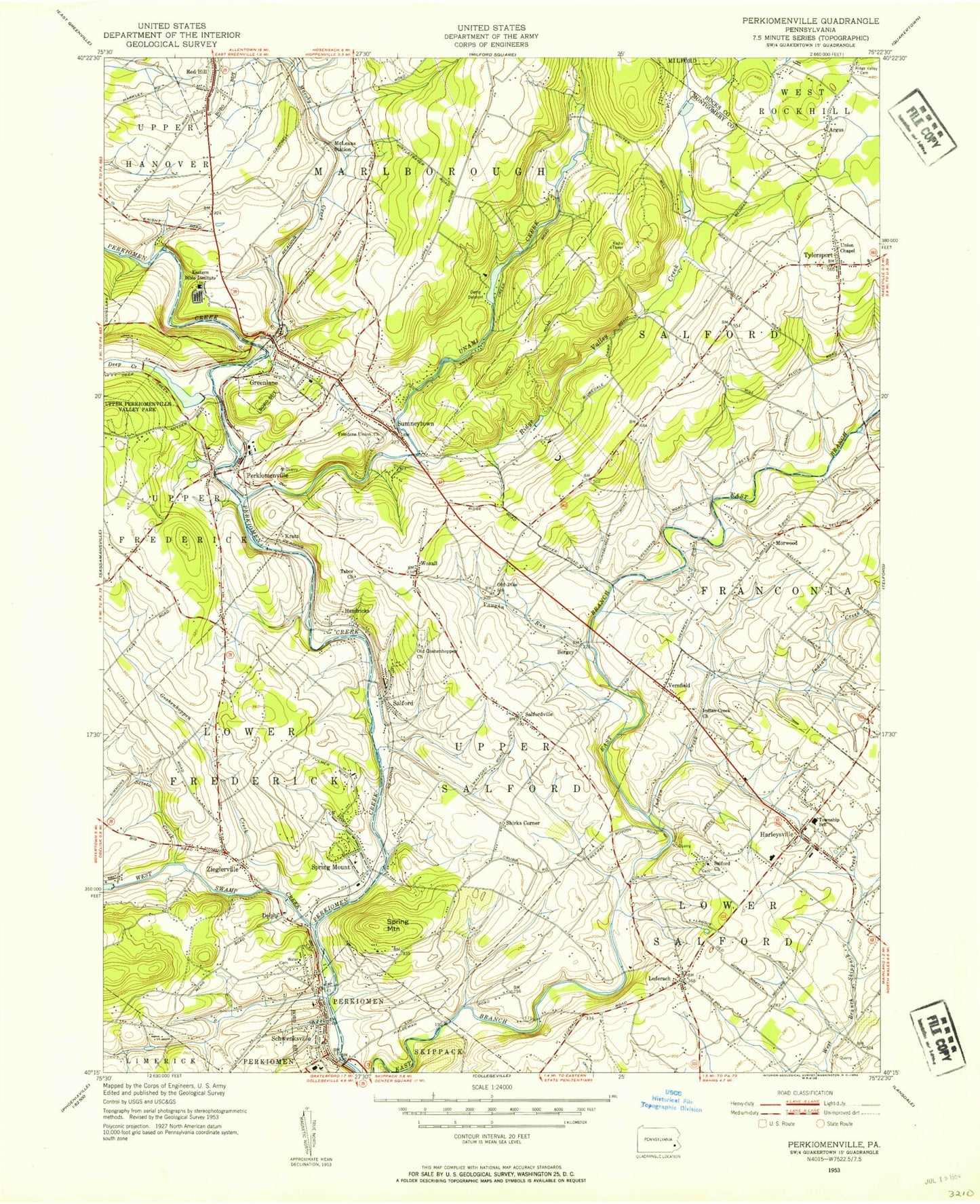Classic USGS Perkiomenville Pennsylvania 7.5'x7.5' Topo Map Image