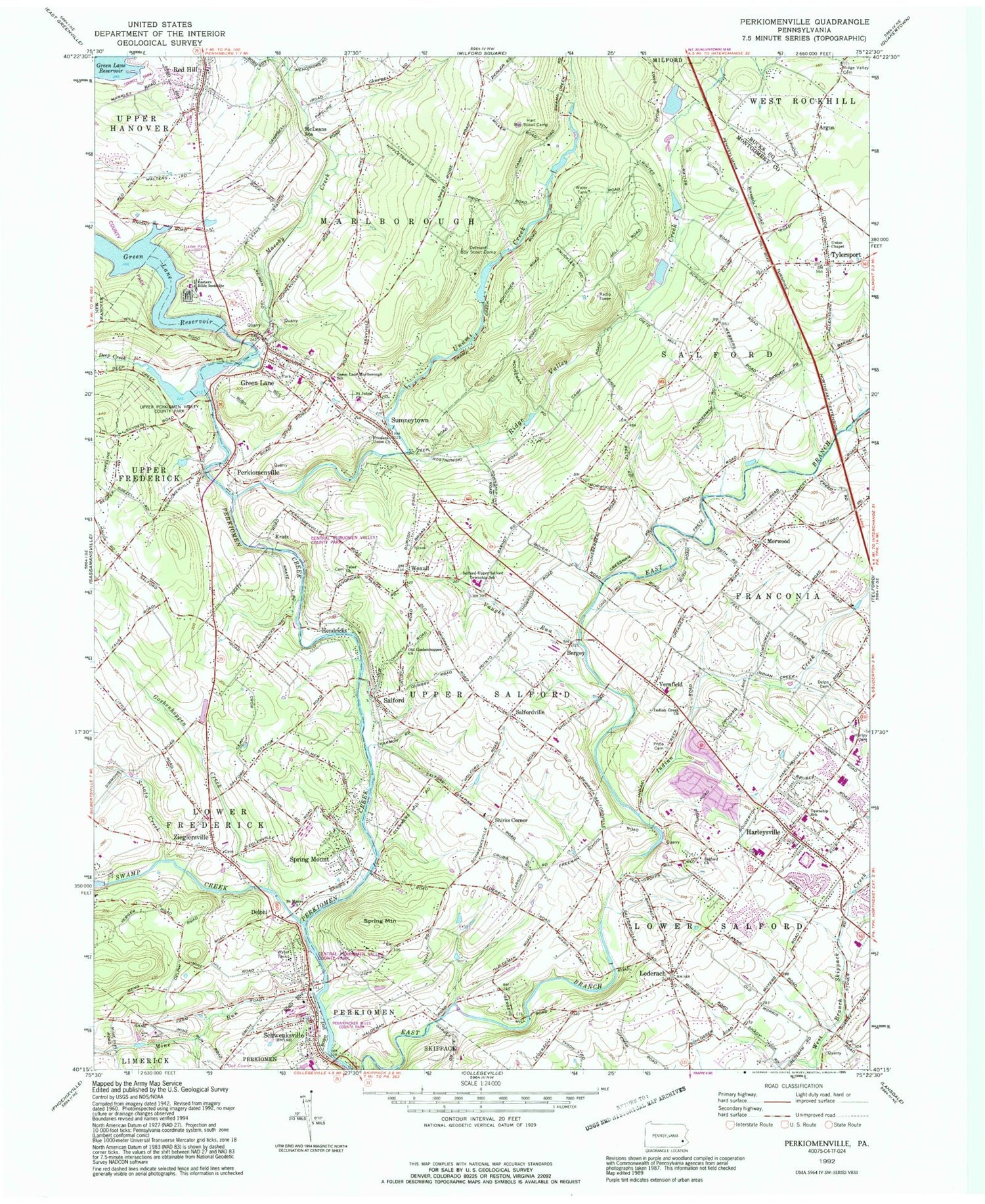 Classic USGS Perkiomenville Pennsylvania 7.5'x7.5' Topo Map Image
