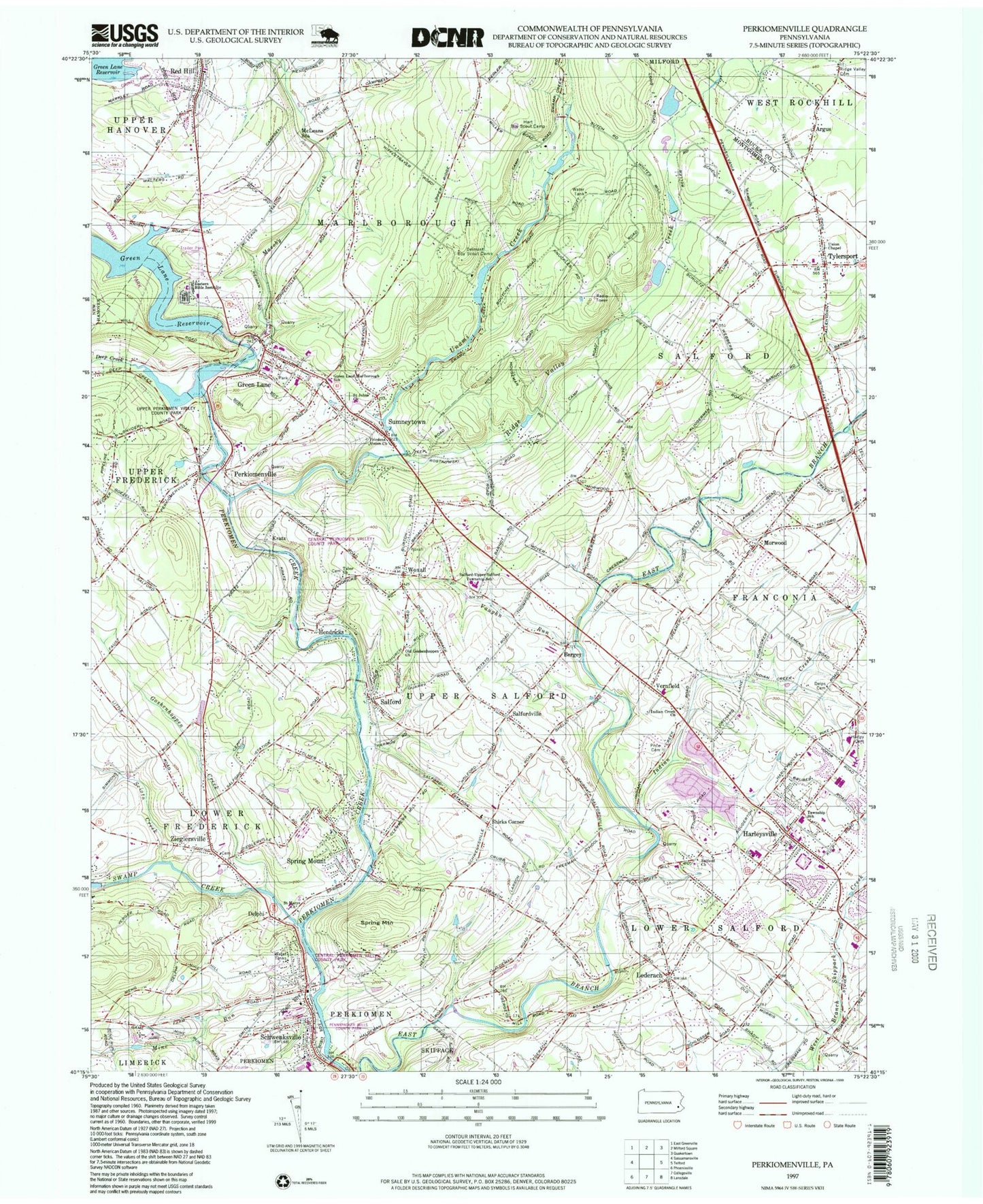 Classic USGS Perkiomenville Pennsylvania 7.5'x7.5' Topo Map Image