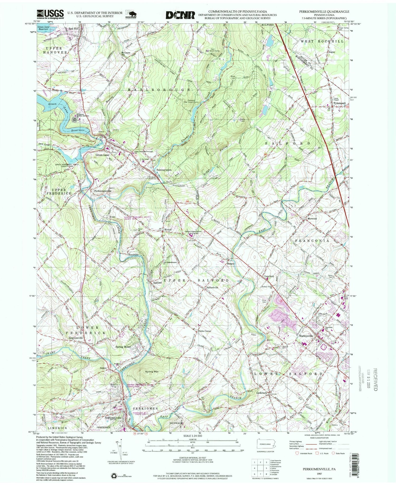 Classic USGS Perkiomenville Pennsylvania 7.5'x7.5' Topo Map Image