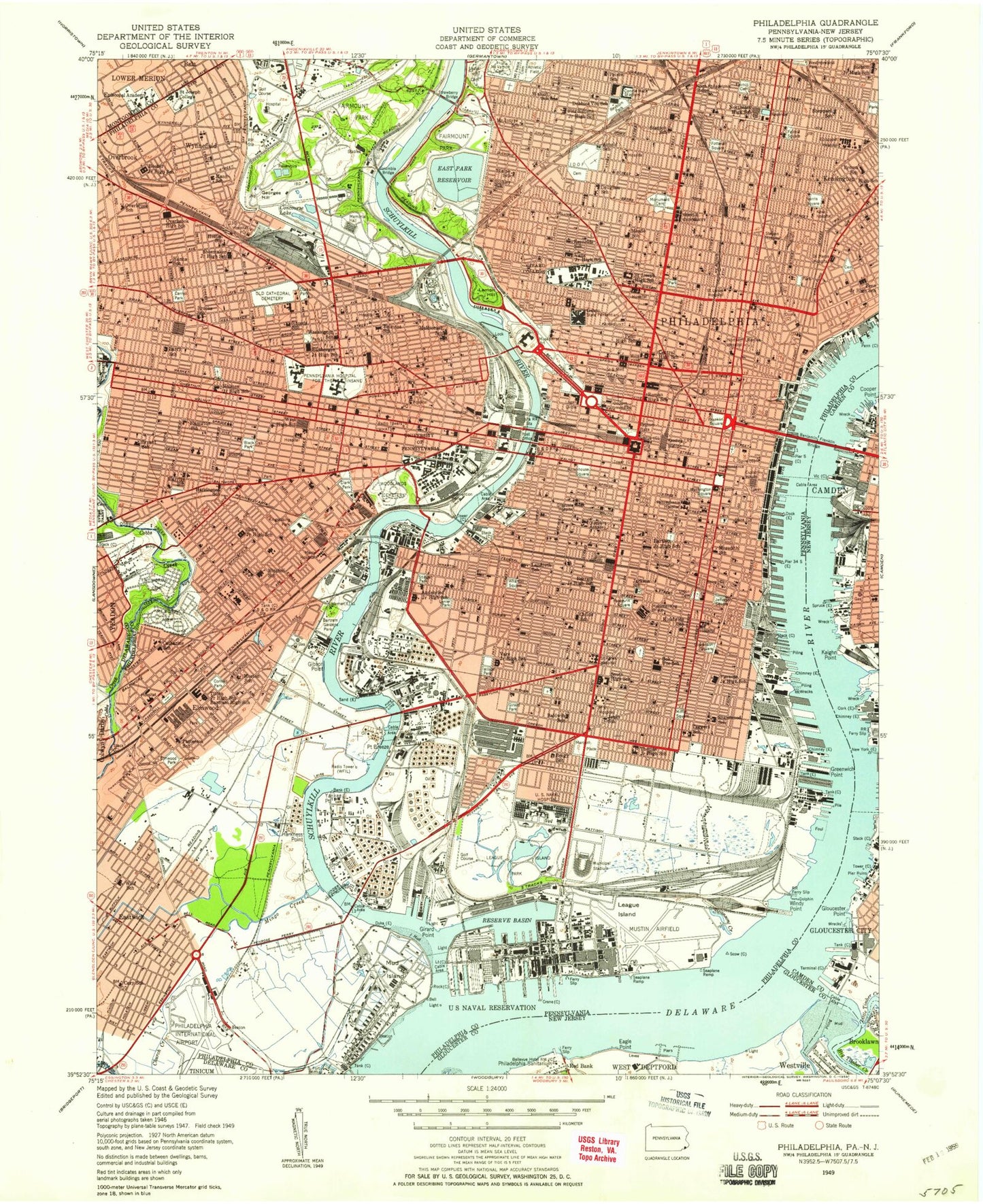 Classic USGS Philadelphia Pennsylvania 7.5'x7.5' Topo Map Image