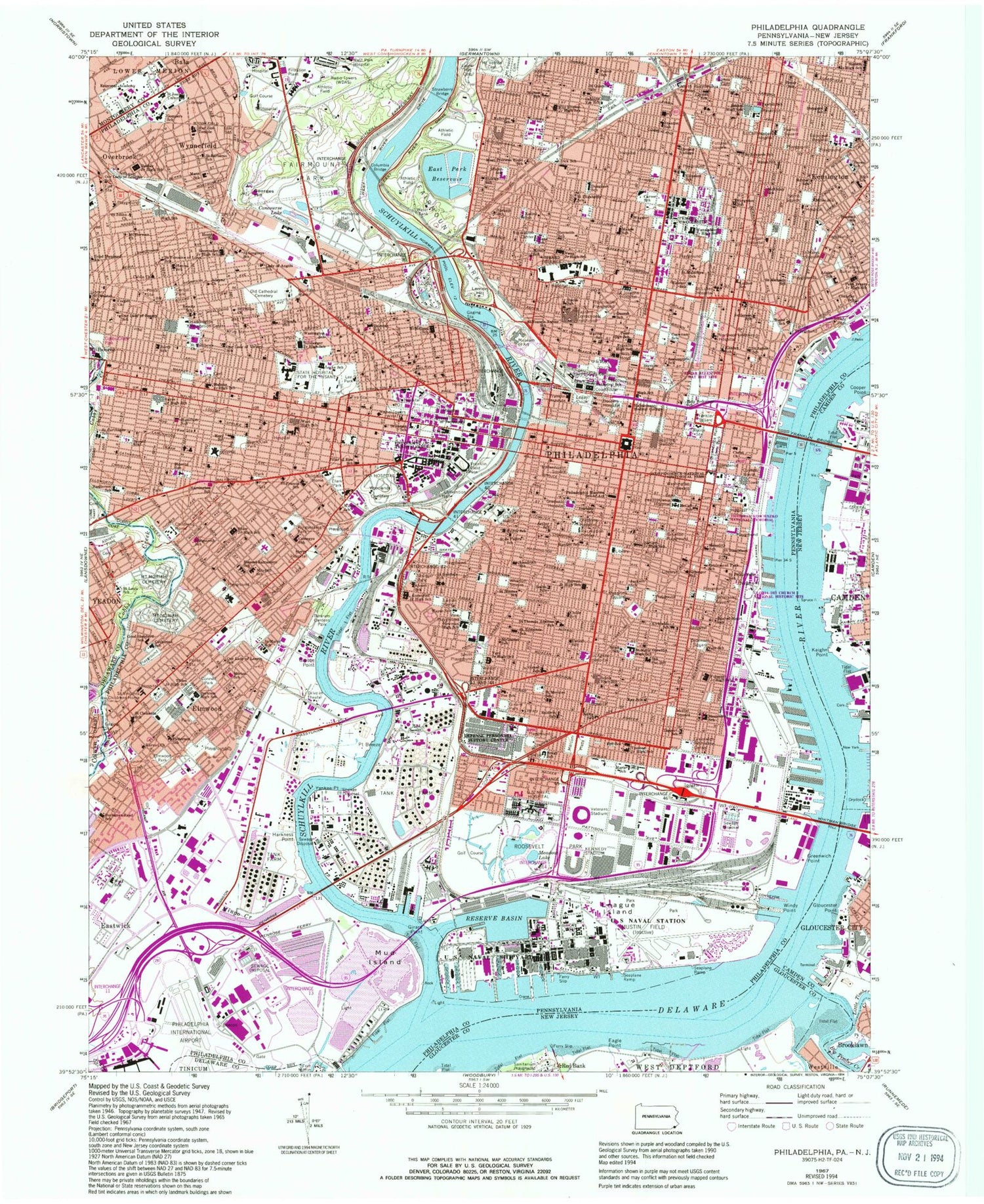 Classic USGS Philadelphia Pennsylvania 7.5'x7.5' Topo Map Image