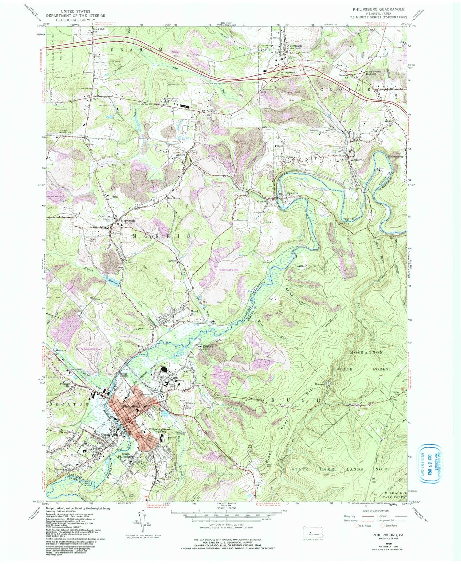 Classic USGS Philipsburg Pennsylvania 7.5'x7.5' Topo Map Image